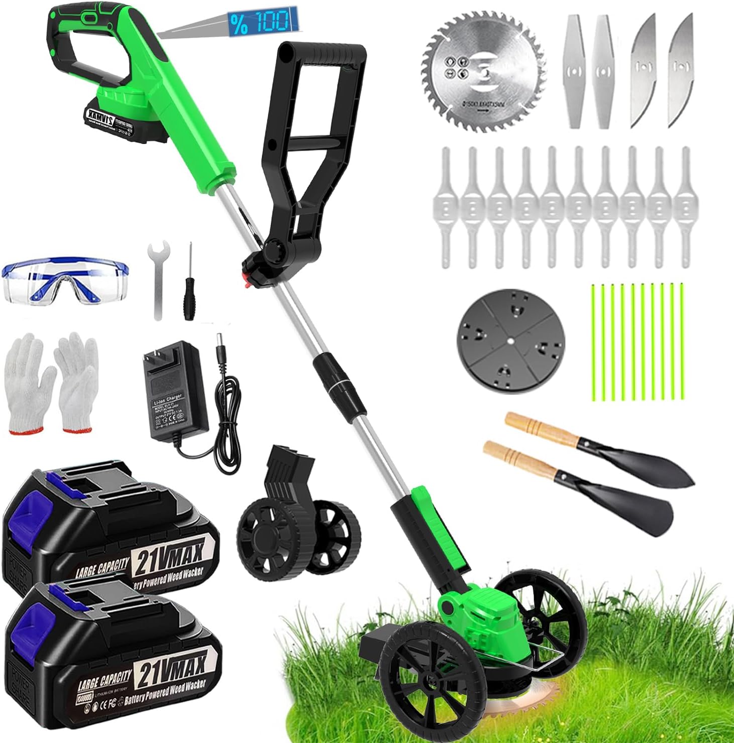 Green Electric Weed Wacker Eater Cordless, Weed Wacker Battery Powered, Weed Trimmer with 2X 2.0Ah Battery Operated & 25 Blades & Wheels, 3 in 1 No-String Grass Trimmer/Brush Cutter/Edger for Garden Yard