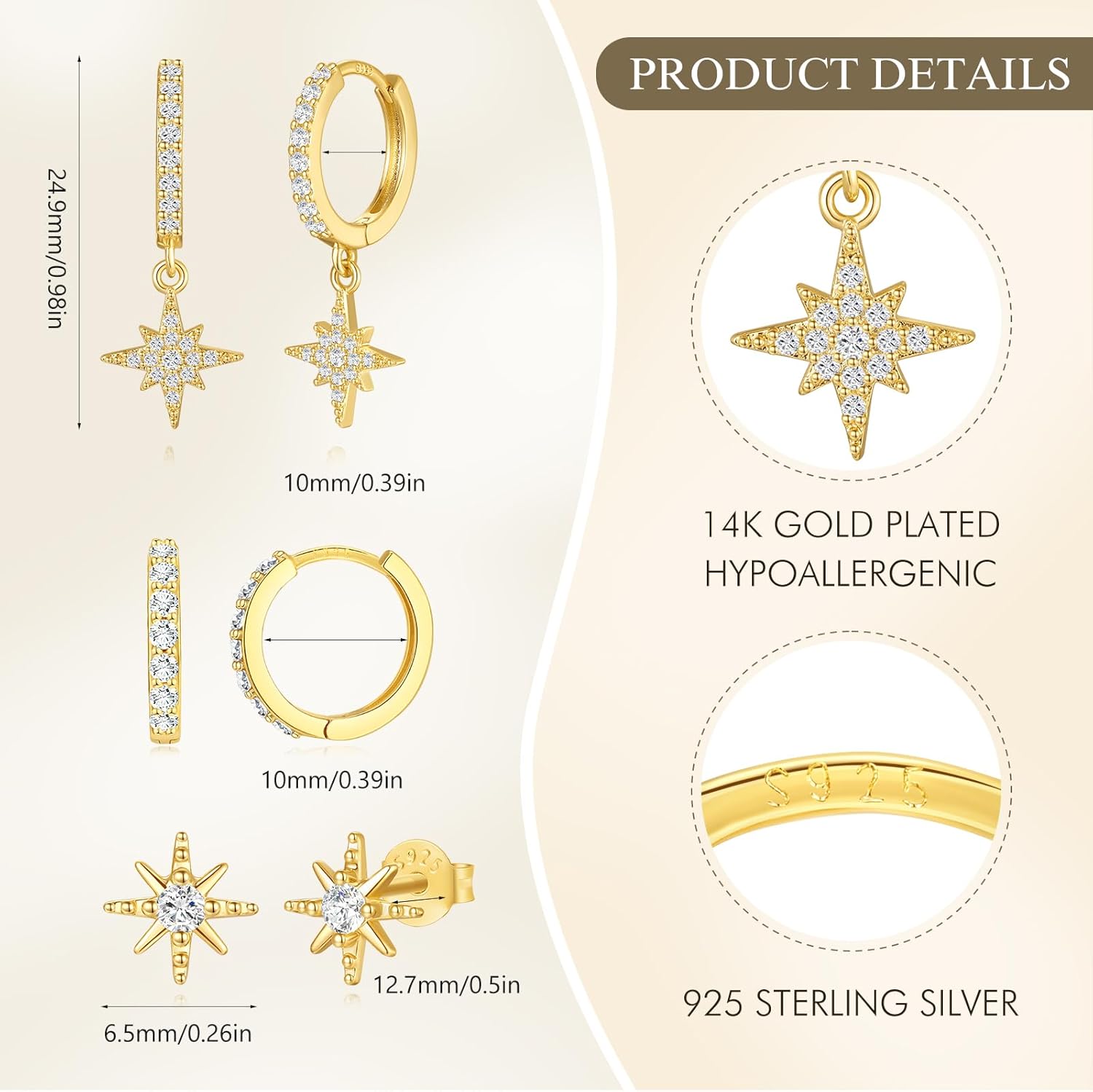Angelady 14K Gold Plated Earring Sets for Women, Dainty Sun Star Stud Earrings for Multiple Piercing, Trendy Hypoallergenic Huggie Hoop Earrings, Cartilage Dangle Earring Stacks Jewelry Gifts - Image 5