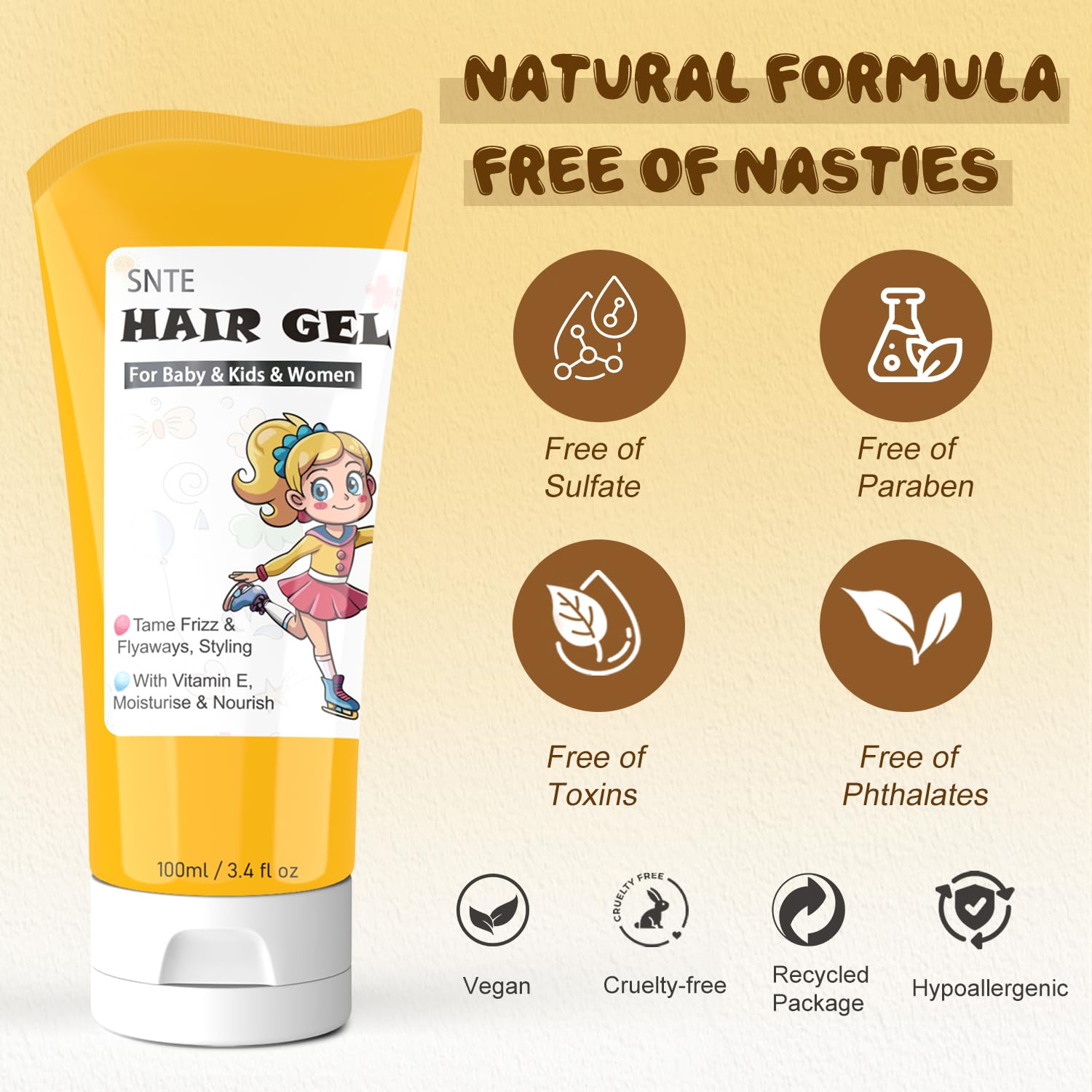 Samnyte Hair Gel for Kids, Baby Hair Gel Fly Away Hair Tamer, Styling Gel - Vitamin E Moisturize and Nourish, Flexible Hold Designed for Boys & Girls 3.4 Fl Oz