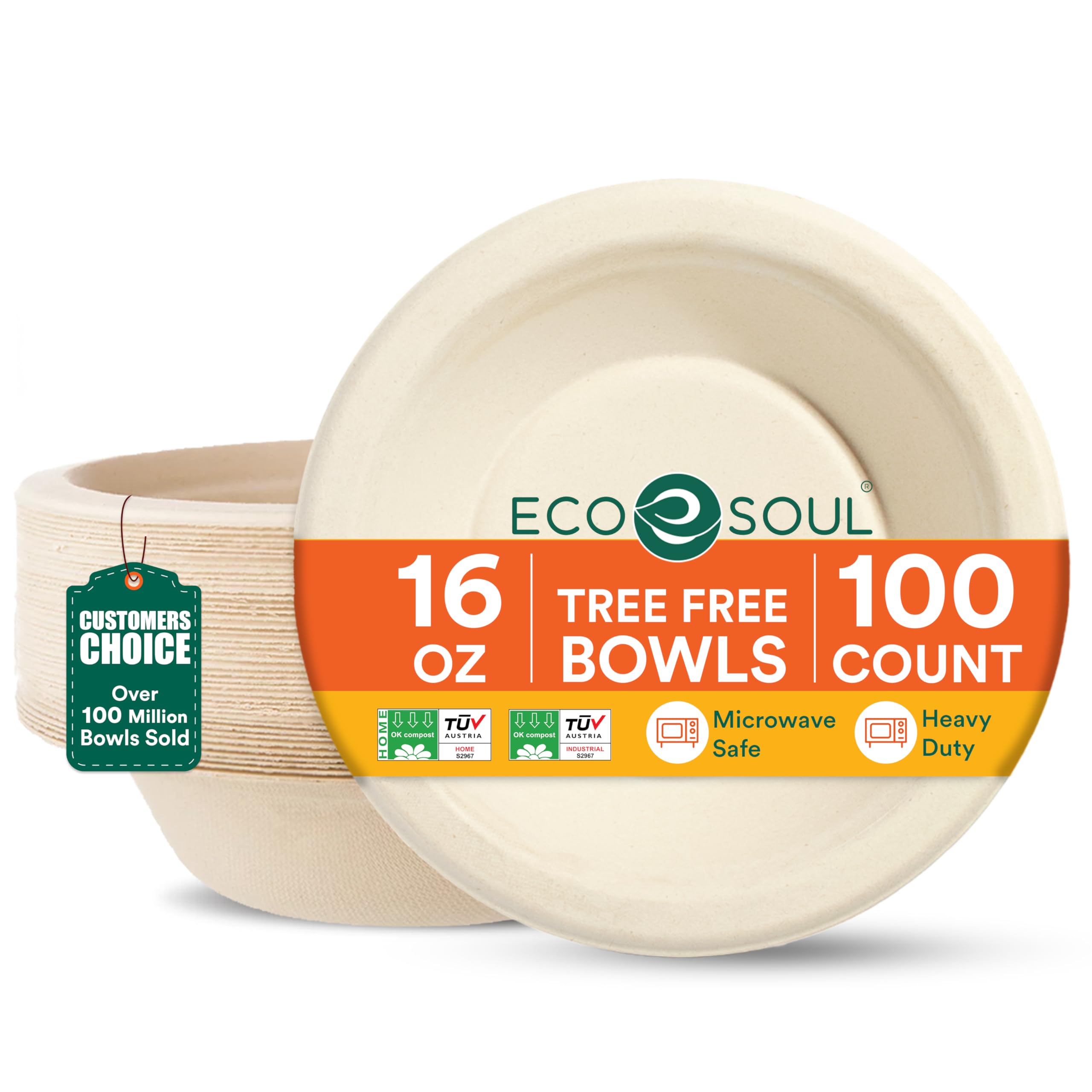 - ECO SOUL 100% Compostable 16 Oz Soup Bowls [100-Pack] Disposable dessert bowls I Heavy duty paper bowl I Eco-friendly salad bowl I Biodegradable large Bowls