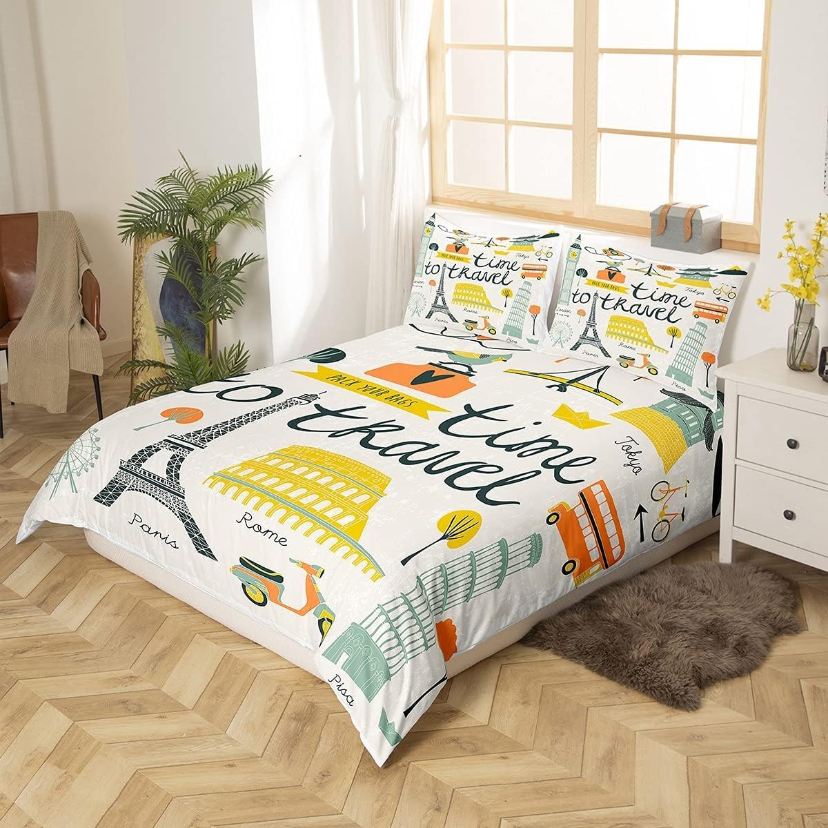 Housse de Couette 280x240 Thème Voyage Parure de Lit Enfants et Adultes Imprimé 3D Sets de Housses de Couettes en Microfibre Doux avec Fermeture Éclair et 2 Taies d'oreiller A-7742