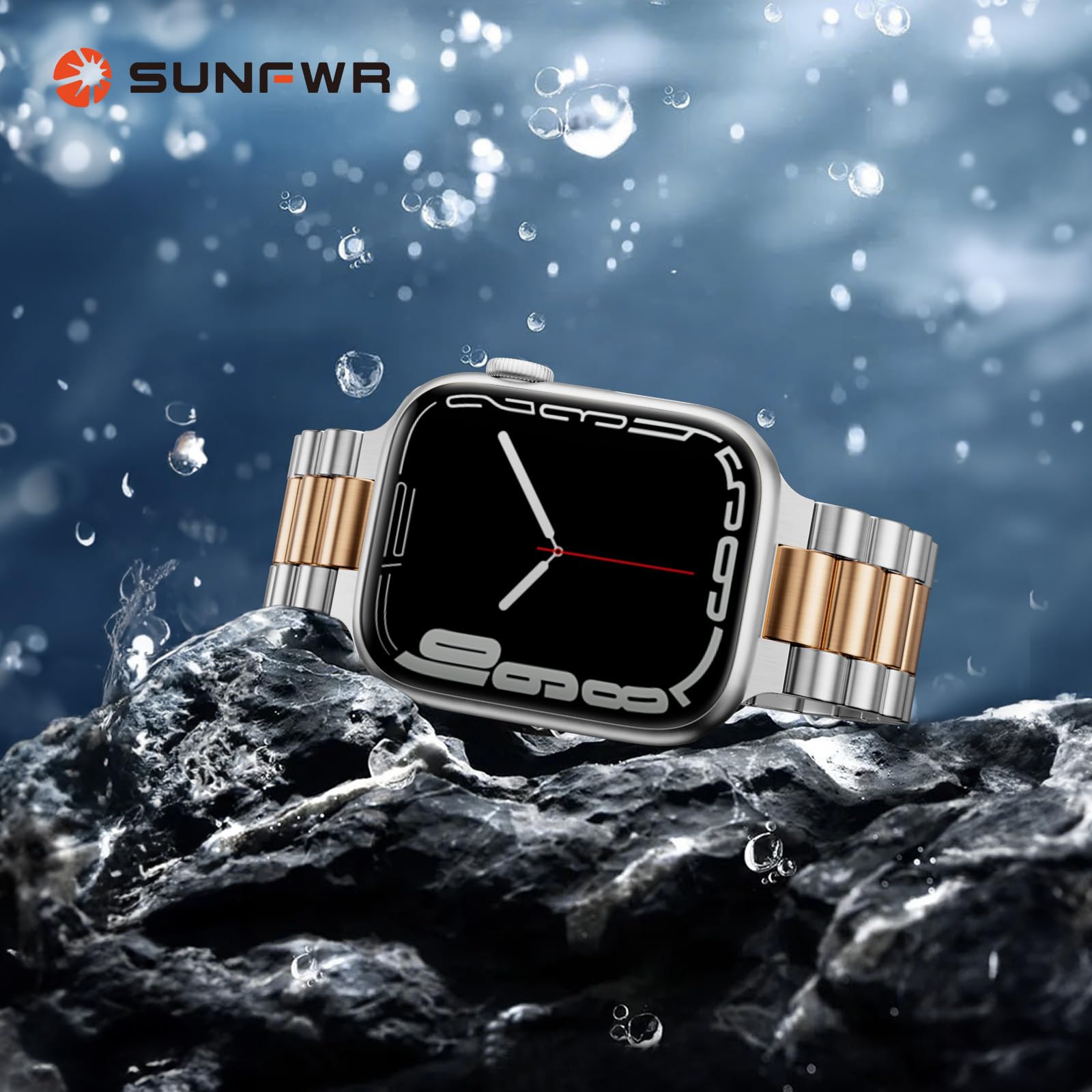 SUNFWR Compatible avec les bracelets Apple Watch de 45 mm, 44 mm, 42 mm pour homme et femme, bracelet iWatch en acier inoxydable avec étui pour Apple Watch Series 9/8/7/6/5/4/3/2/1/SE/SE2 (argent + or
