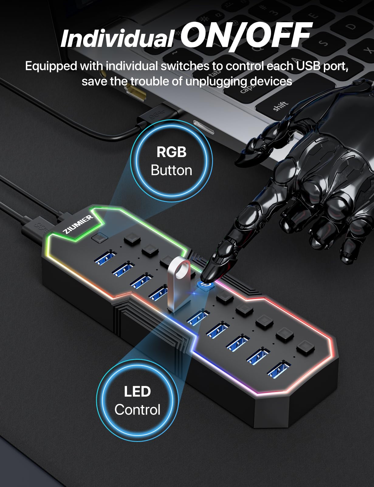 ZIUMIER Hub USB alimenté, 10 ports USB 3.0 avec bande LED RVB et adaptateur d'alimentation 12 V/2 A pour MacBook, Mac Pro, Mac mini, iMac, Surface Pro, XPS, PC, clé USB, disque dur mobile