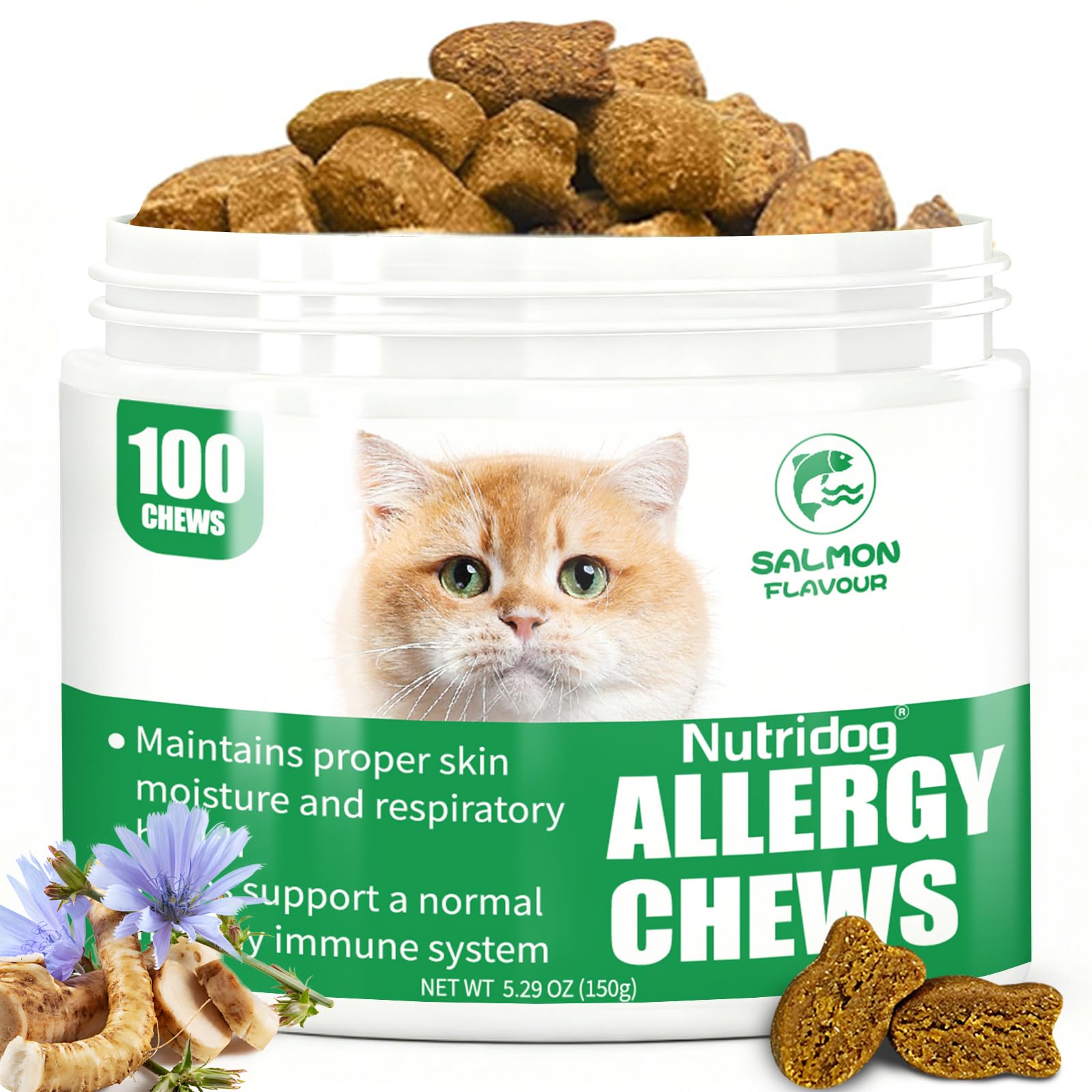 Cat Allergy Relief Chews, Skin & Immune Support for Cats - Salmon Flavor Soft Chews with Colostrum, Probiotics 300M CFU, Omega 3 - Itchy Skin & Paw