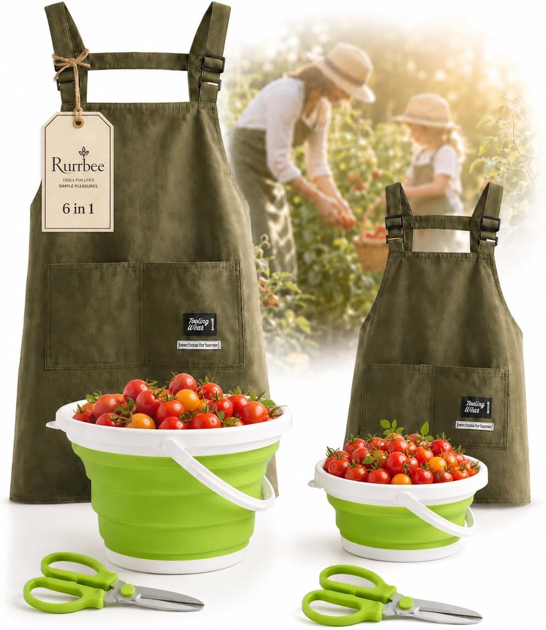 6-in-1 Garden Harvest Basket Set, Parent Child Aprons, Foldable Baskets