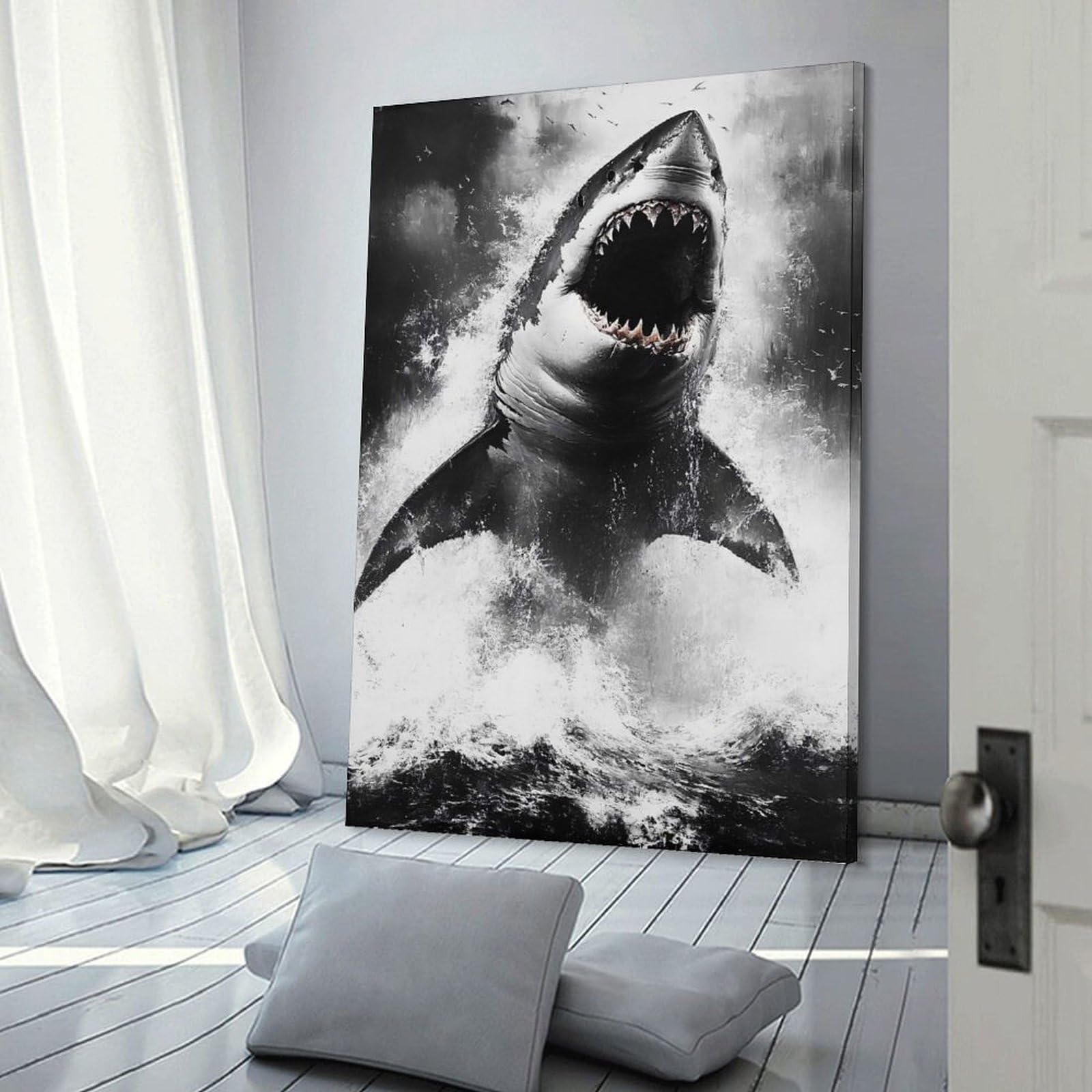 Junmoney Great White Shark Breaching The Ocean Canvas Wall Decor 24x36inch(60x90cm), for Study, Office Or Focused Interiors, Wall Art That Adds Style to Work Areas