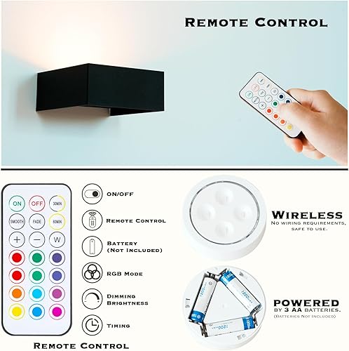 Miniatura 3 de HEQIQEH Juego de 2 apliques RGB de estilo moderno que funcionan con pilas, lámpara de pared LED para interiores arriba y abajo con control remoto,