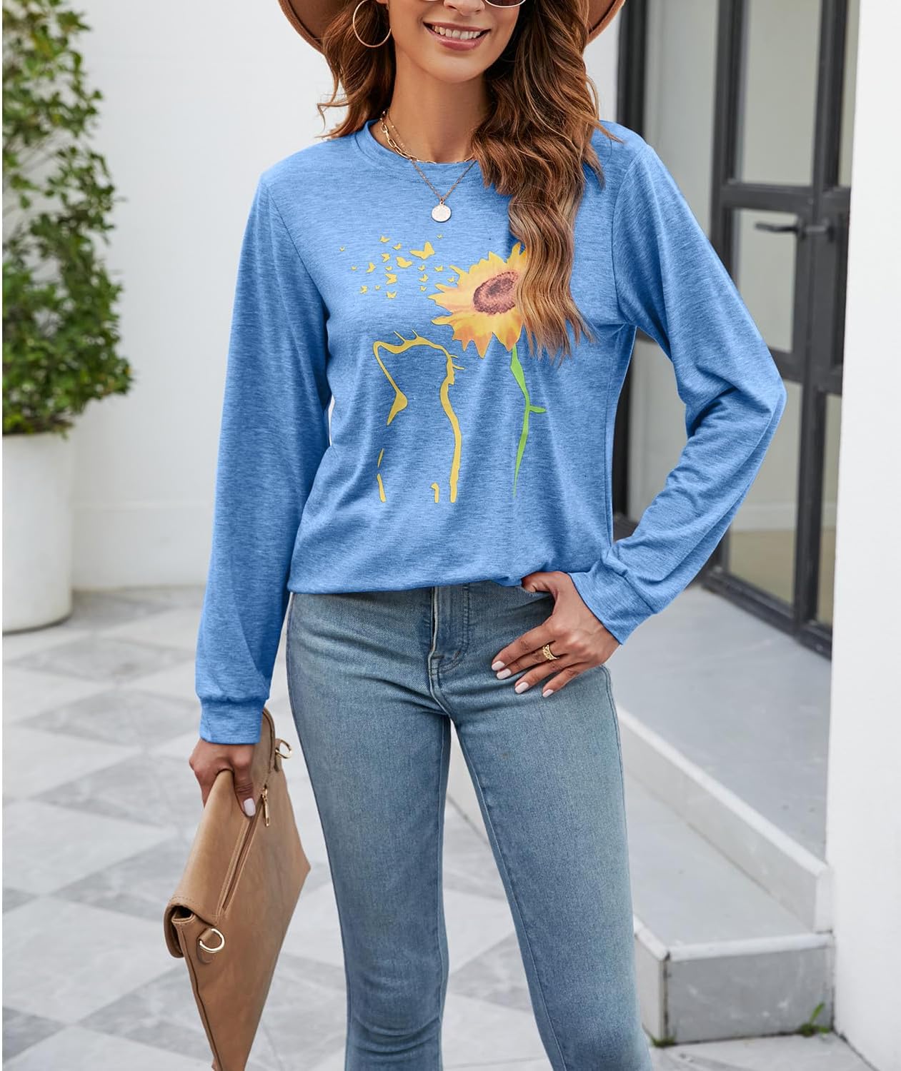 Womens Fall Crewneck Sunflower Graphic Print Tops Long Sleeve Cute Casual Tees - Image 5