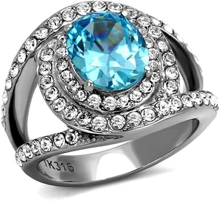 Marimor Jewelry 3.68 Carat Oval Cut Sea Blue Cubic Zirconia Stainless Steel Halo Cocktail Ring Womens 5-10