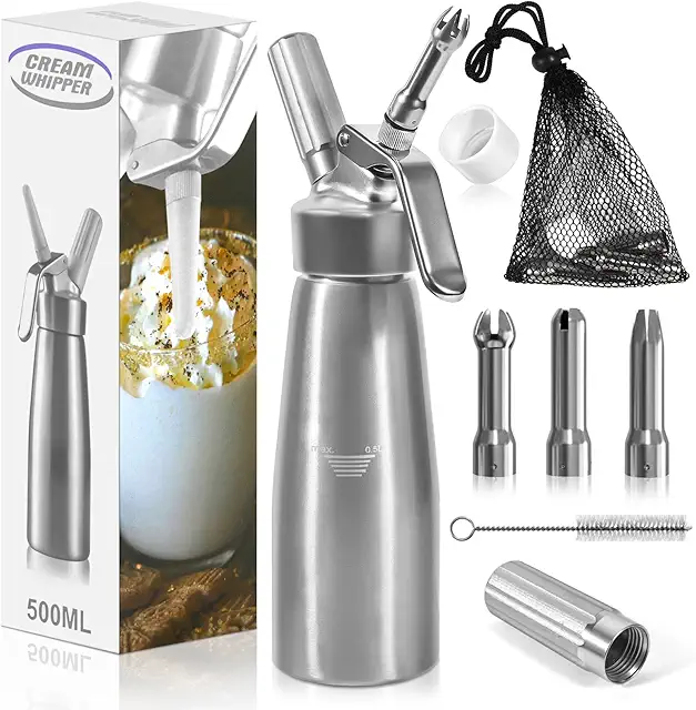 Sahnespender 500ml mit 3 Deko-Düsen & Reinigungsbürste - Professioneller Sahnesyphon