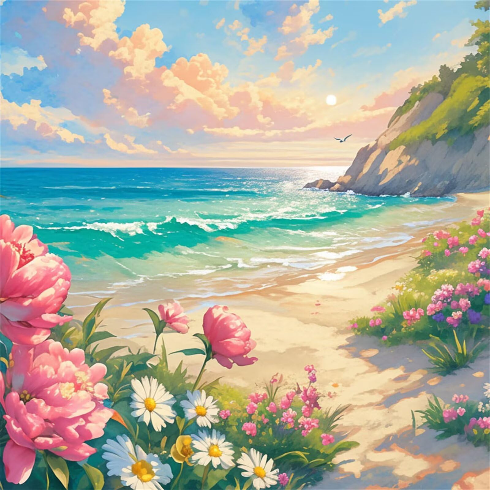 Broderie Diamant Kit Complet 5D, Fleur Diamond Painting Adulte Plein Foret, Peinture Diamant pour Adulte Enfant Débutant, Loisirs Créatifs de Détente et Décoration Maison, Plage 100x100cm FX#605