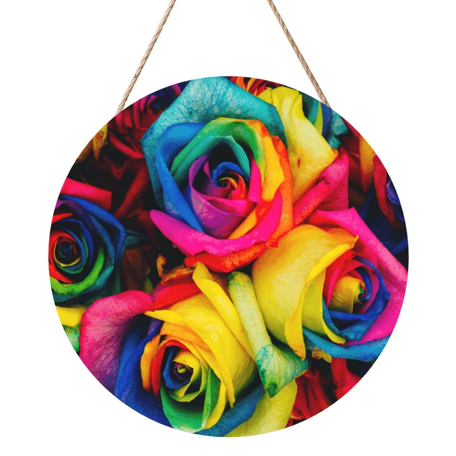 InOmak Rainbow Petal Roses, Round Wood Panel Painting 12 in, Wall Hanging Painting For Home