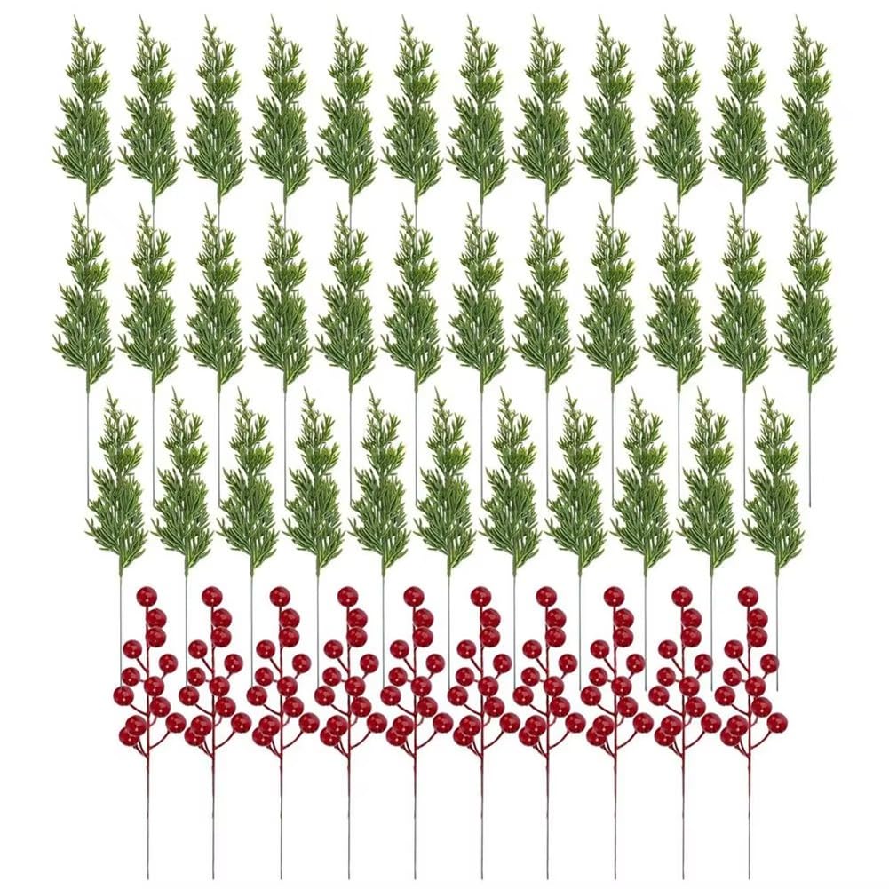 CTRLZS 45Pcs Decorations Artificial Pine Branches Holly Berries Red Berry Stems for Xmas Tree Wreaths Gift Greenery