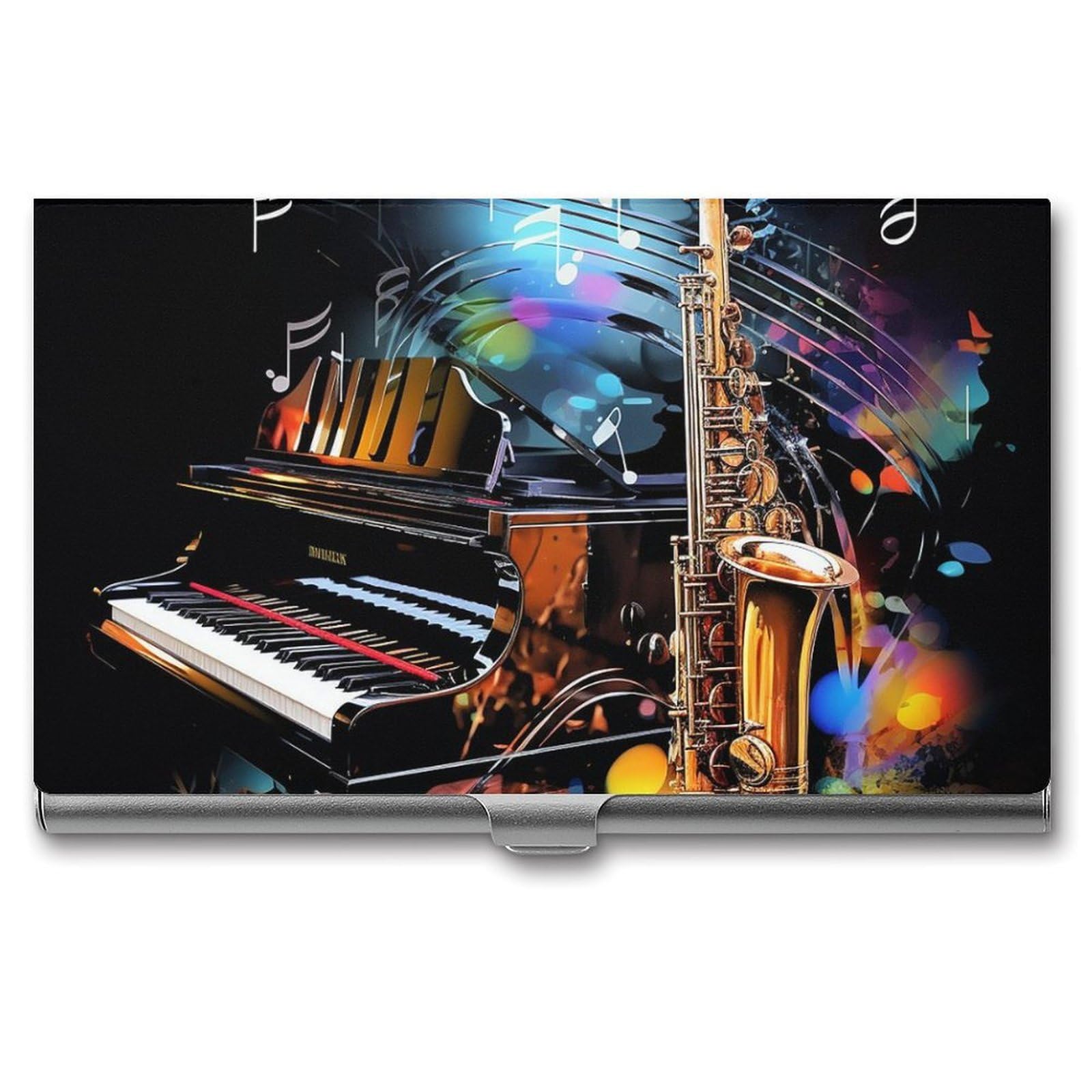 BTCOWZRV Saxophone And Piano Business Card Holder Metal Slim Business Card Case, Pocket Card Holder for Men Women Purse Name Card Holder Stainless Steel Wallet Credit ID Case for Office