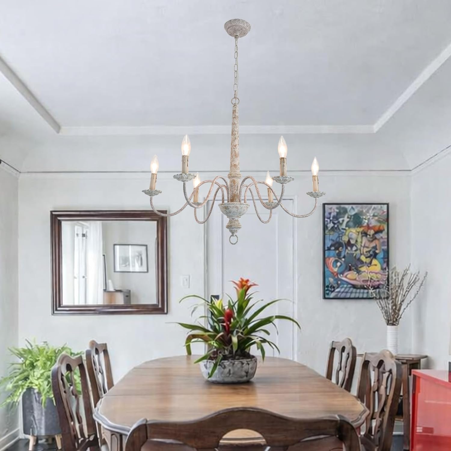 6-Light French Country Chandelier Farmhouse Rustic Distressed Wood Chandelier Vintage Modern Candle Style Wooden Metal Chandeliers for Dining Room, Living Room, Kitchen Island, Bedroom, E12