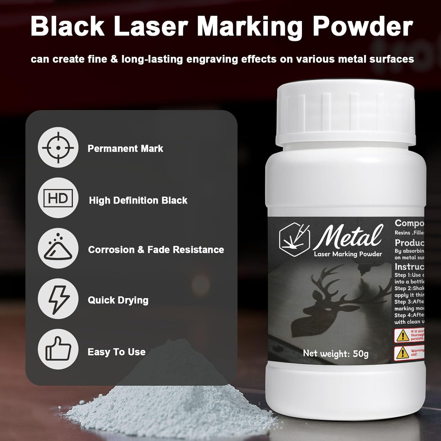 1DFAUL 50g Laser Marking Powder, Metal Marking Spray Fluid for Laser Engraving, High Contrast, Permanent Mark, for Aluminum Stainless Steel Brass