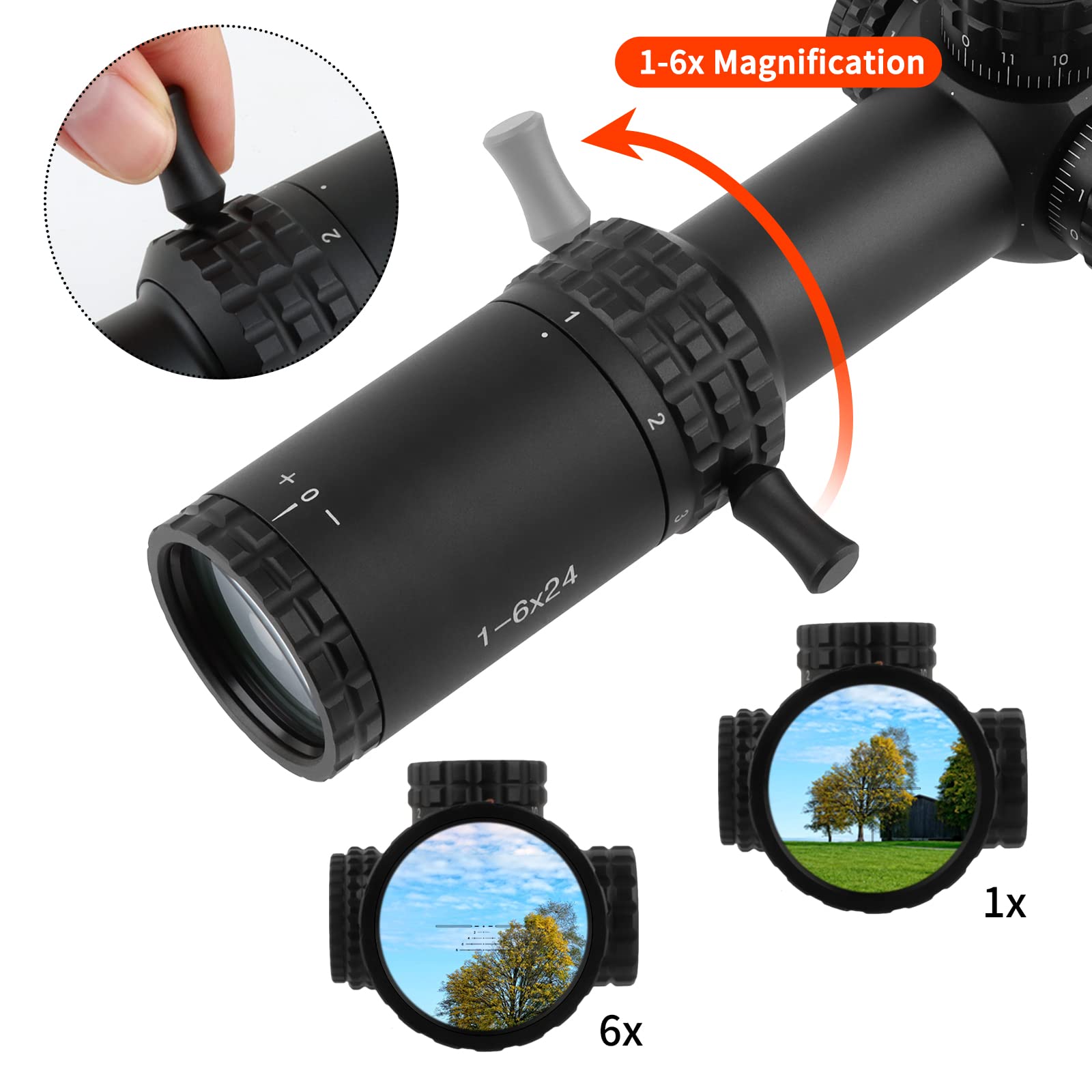1-6x24 Scope View Finder, réticule MIL Rouge/Vert, avec couvercles d'objectif rabattables et Anneaux de Montage 20 mm 11 mm, antibuée, étanche, Antichoc