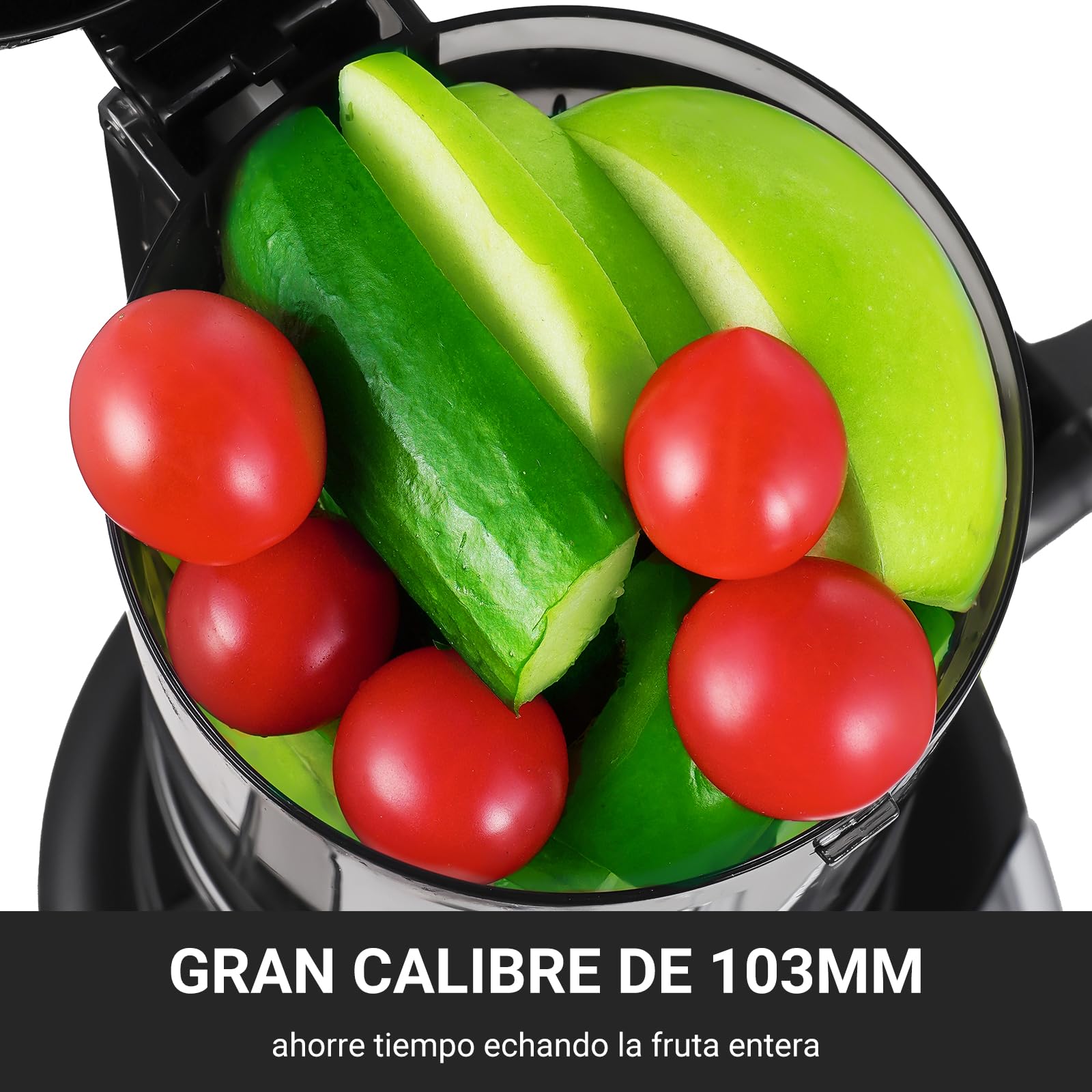 AMZCHEF Licuadora con 2 filtros patentados que no se obstruyen para frutas y verduras blandas y duras - Extractor de zumos y verduras de 250W y 103MM de gran apertura para fruta entera - Negro
