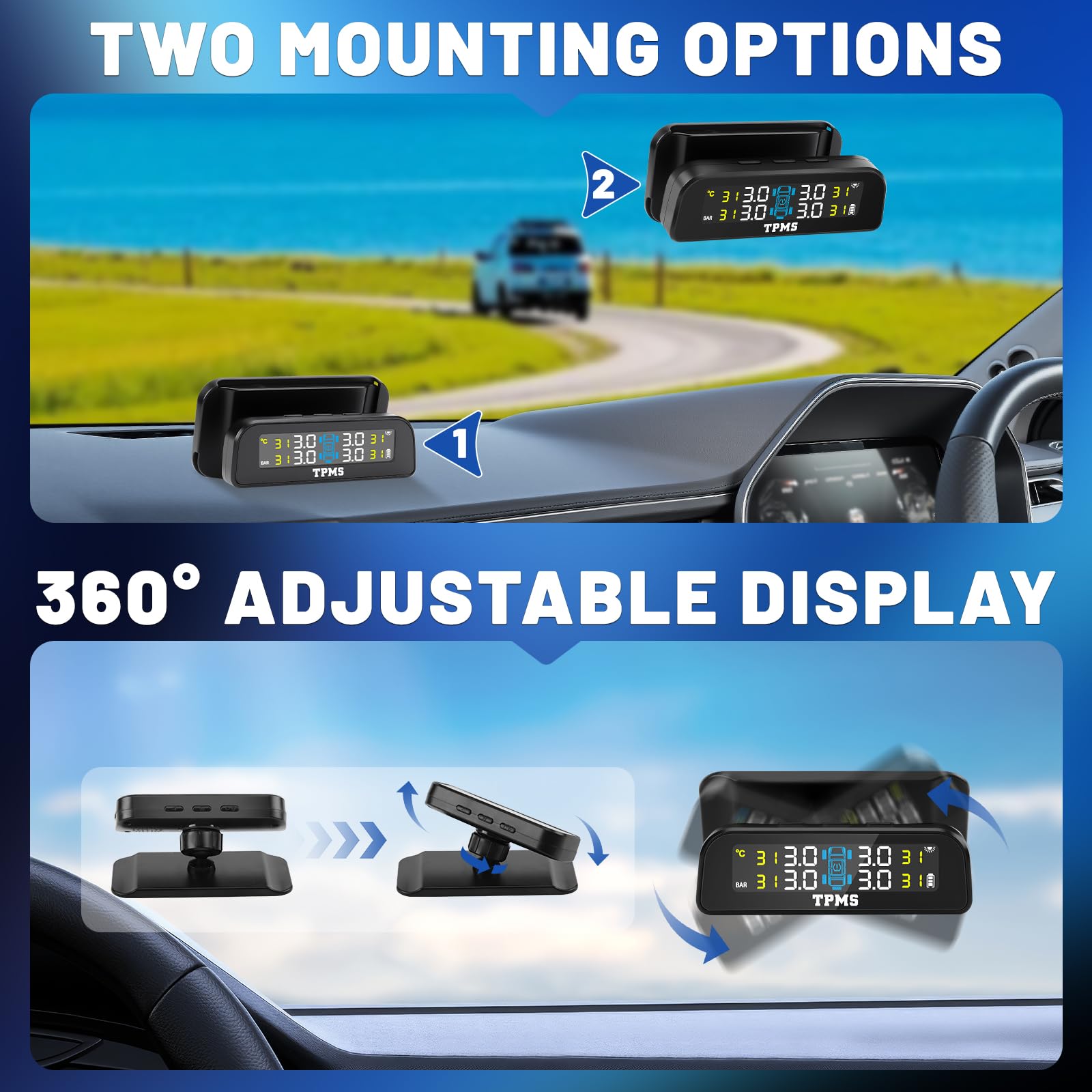 0-3.5 Bar Reifendruckkontrollsystem TPMS Solarladung USB Aufladung, 5 Alarmmodi mit LCD 4 Externer Sensoren Reifendruckwächter für Autos SUVs Wohnmobilen Anhängern LKW