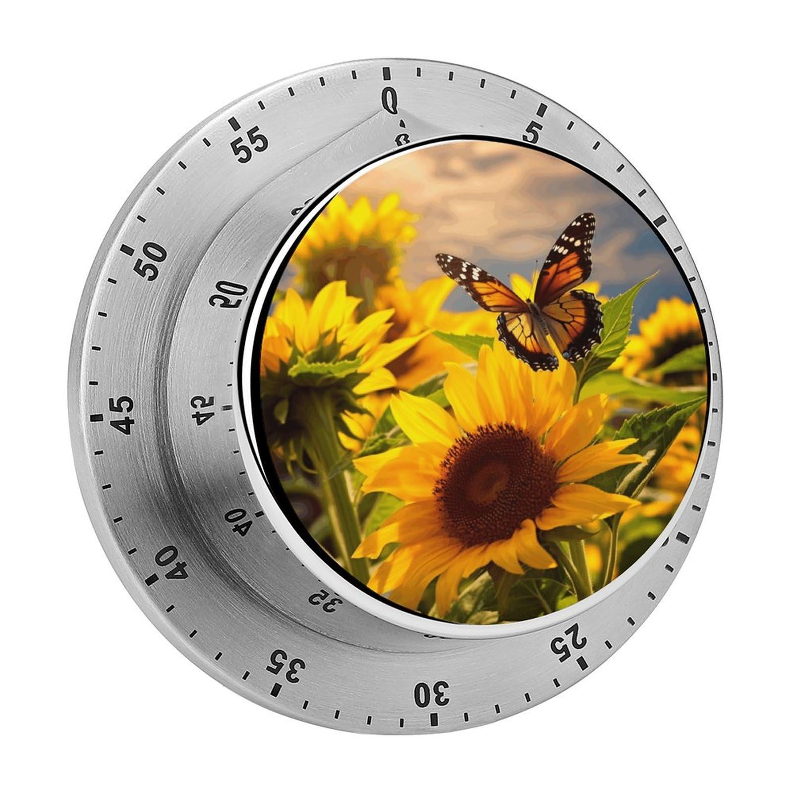 Sunflower Butterfly Timers Magnetic 60 Minute Kitchen Timers Mechanical Wind Up Timer Manual with Loud Alarm Stainless Steel Body Chef Clock Easy for Cooking Baking