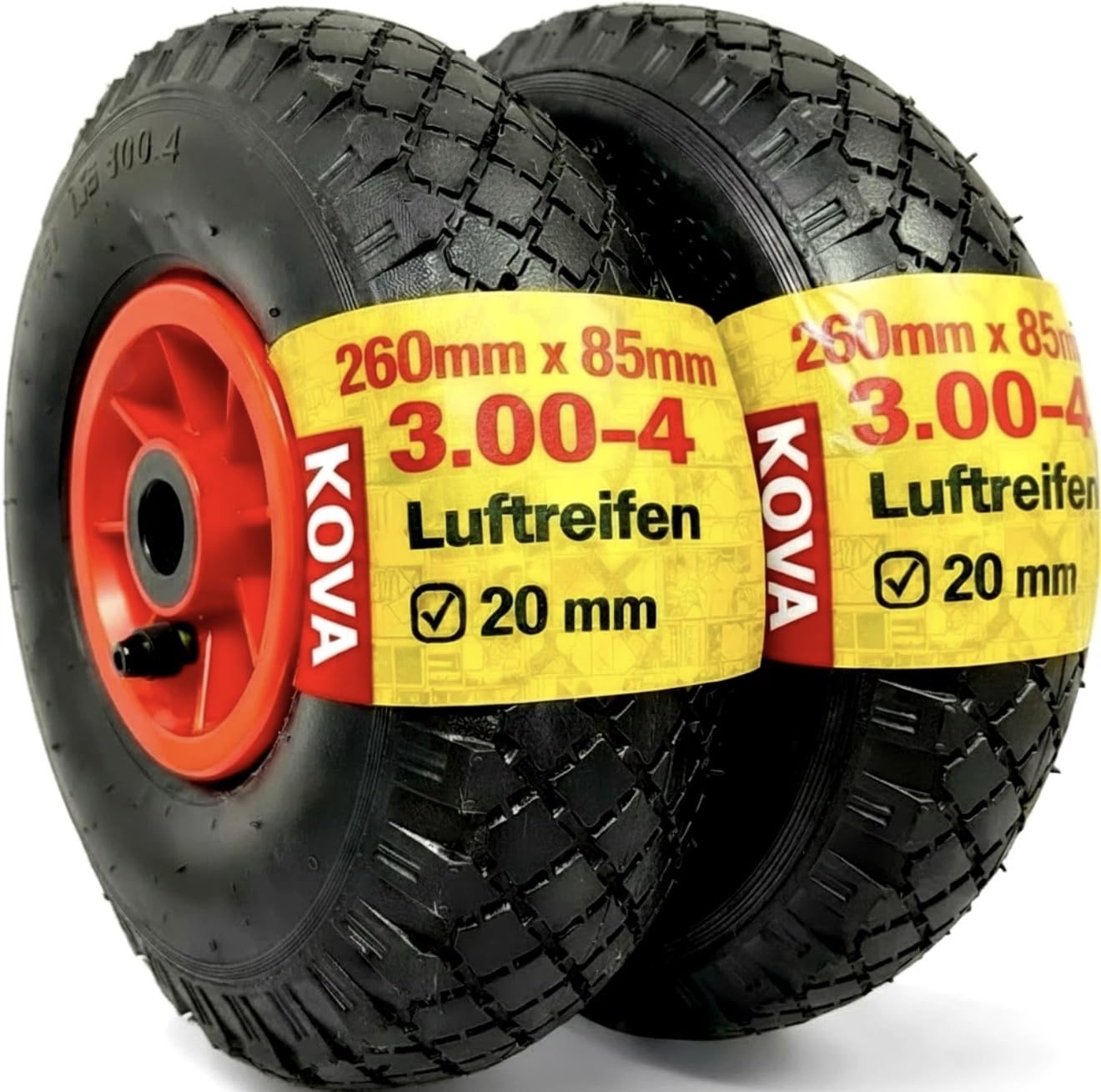 KOVA® 2 ruedas para carretilla de aire 3.00-4, 260 x 85, neumáticos con tubo y rueda para eje de 20 mm, carretilla de aire, rueda de repuesto, carretillas, rodamientos de rodillos, válvula angular,