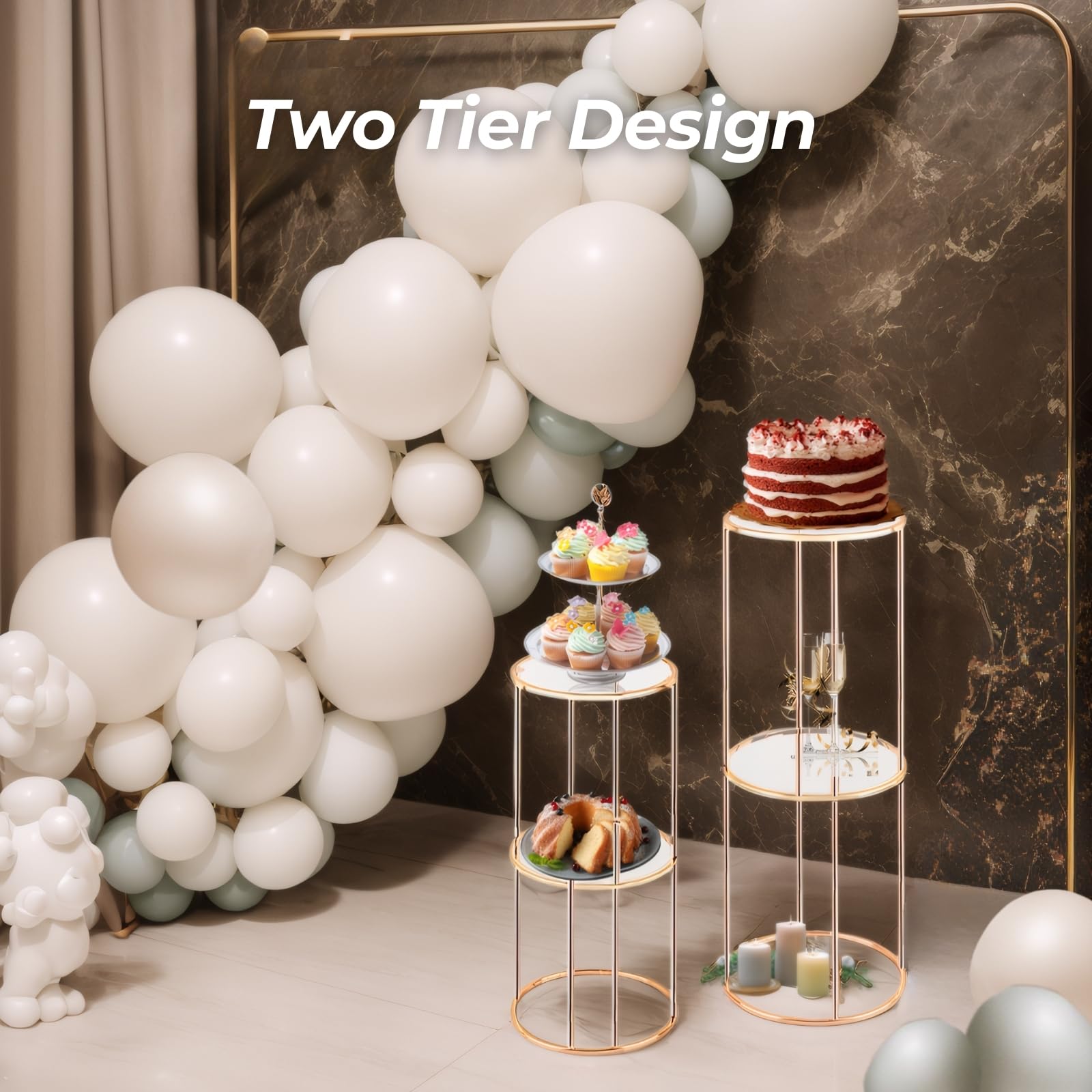 2 soportes cilíndricos redondos de metal de dos capas para fiestas, pedestal de pasteles, soporte de flores, soporte de exhibición dorado para cumpleaños, boda, sala de estar, patio, telón