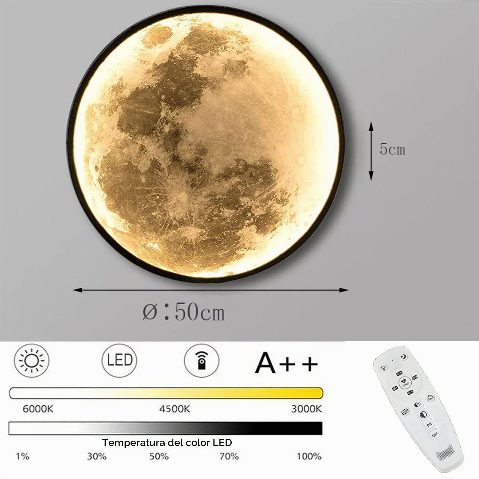 Aplique de pared Luna, Interior LED Lámpara de Pared Moderna Lampara de salón, Aplique de pared con interruptor y enchufe, LED Lámpara de Pared Mando a Distancia Regulable, Lámpara de Luna Apliques