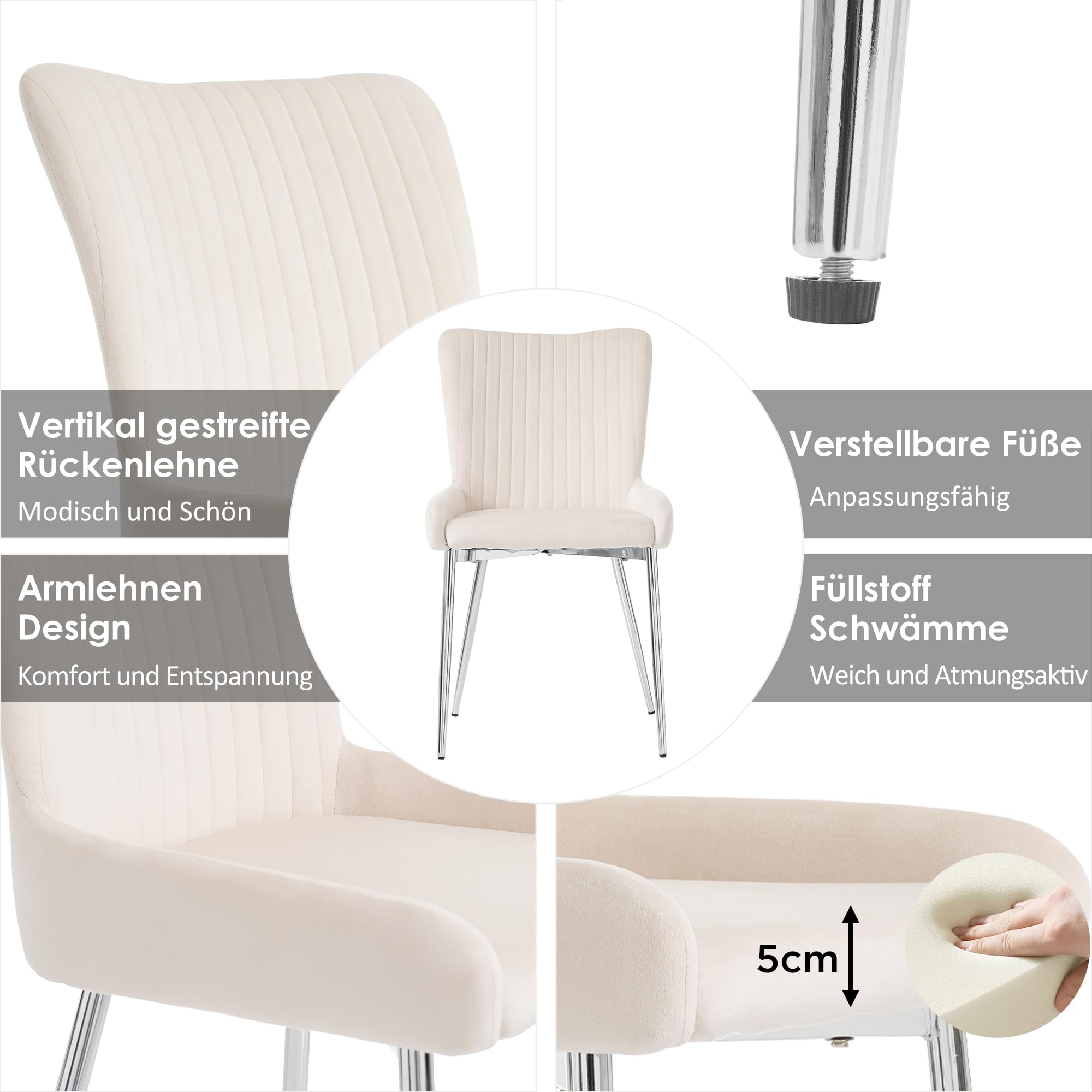 Set di 6 sedie da pranzo Flieks in velluto, beige