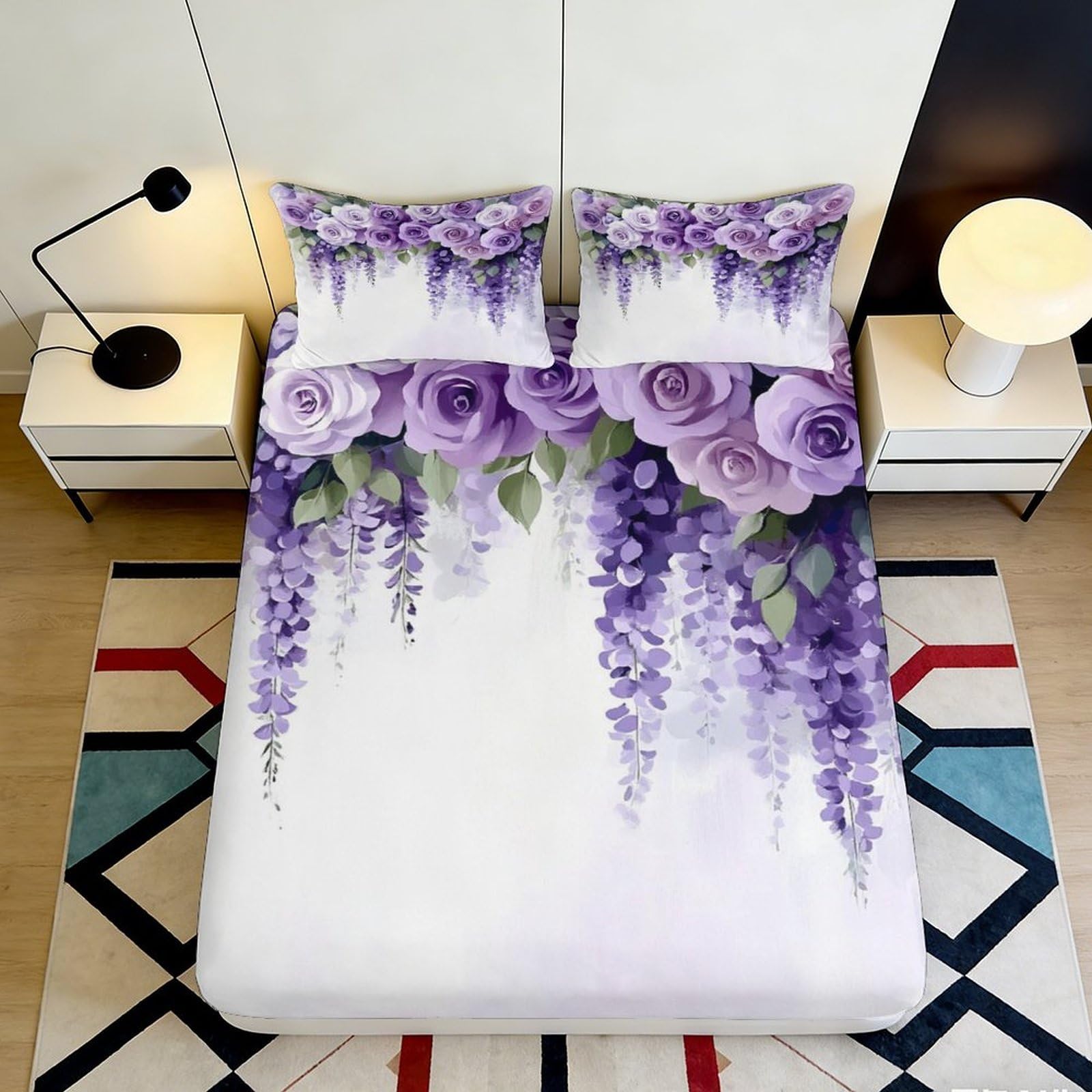 Qjzxknhpgr Style-3 3D Printed Purple Floral Fitted Sheet Microfiber Soft Breathable Lavender Rose Mattress Cover For Bedroom Guest Room Decor 90X200x25cm