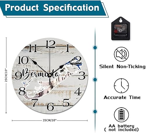 Miniatura 6 de Bermuda Landmark City Landscape - Reloj de pared con mapa de Bermudas de 10 pulgadas, redondo, funciona con pilas, reloj de escritorio silencioso