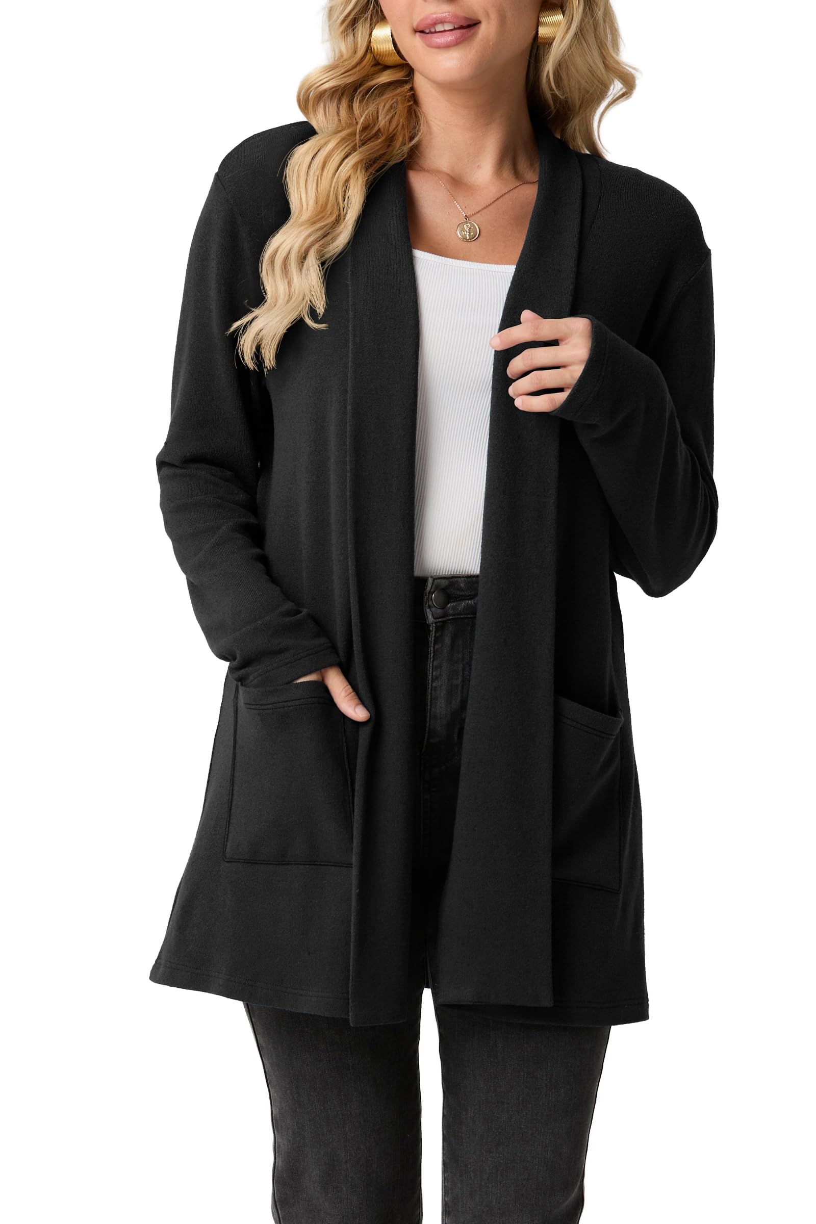 GRECERELLE Womens 2025 Fall Winter Casual Shawl Neck Long Sleeve Relaxed Fit Open Front Cardigan with Pockets XS
