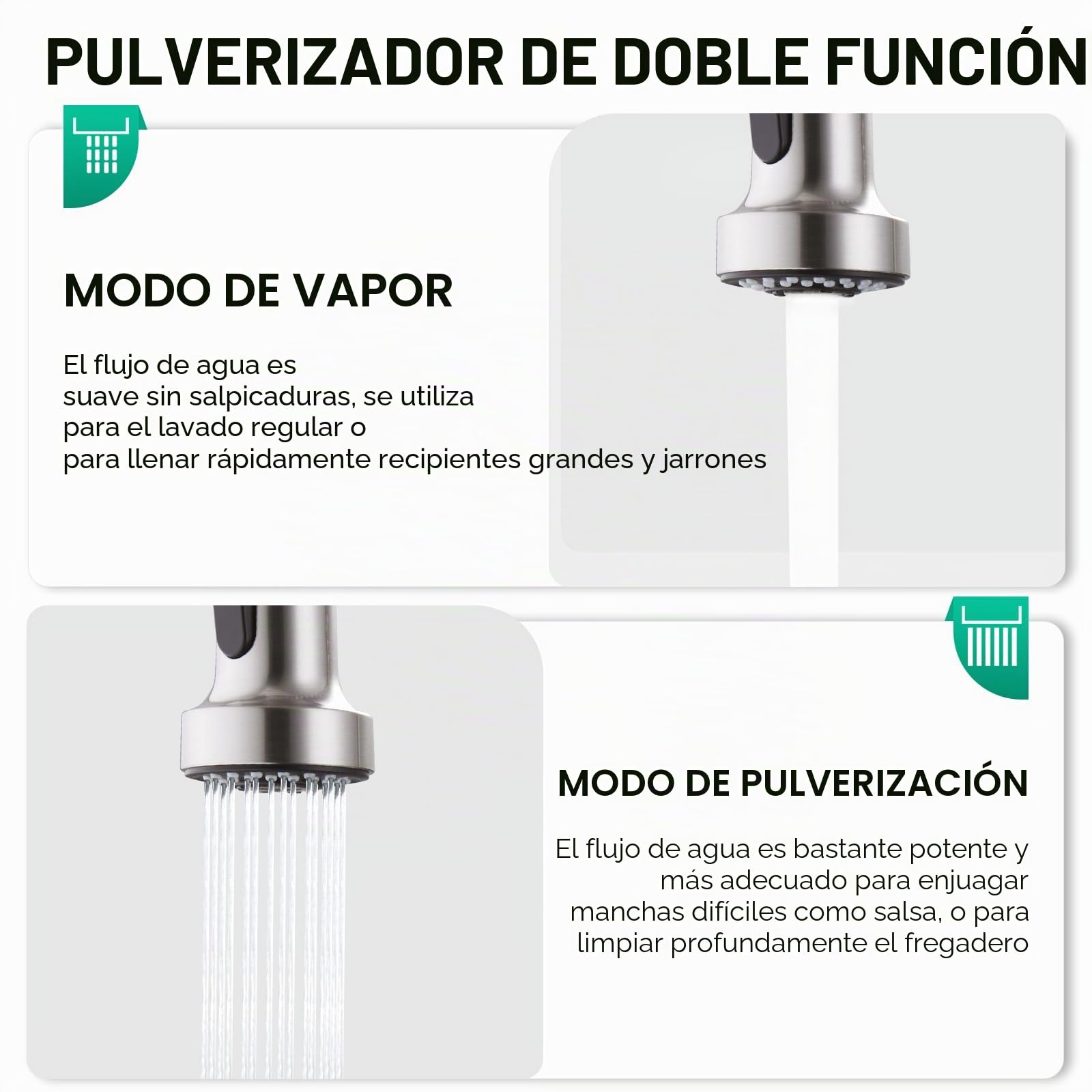 CREA Grifo de Fregadero para Cocina 3 Vías con Ducha Extraíble, Monomando para Purificador de Filtro de Agua y Sistemas de Ósmosis, cepillado