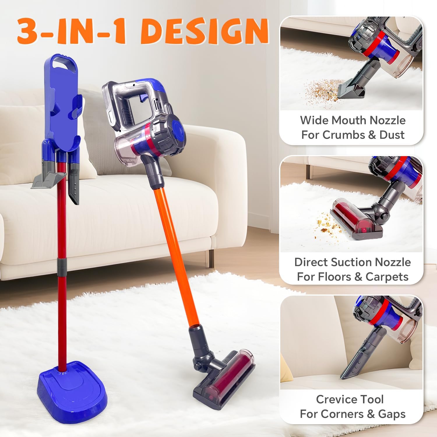 3-in-1 Kids Vacuum that Really Works - Toddler Vacuum Cleaning Toy Set, Kids Working Play Vacuum Cleaner with Real Suction, Montessori Housekeeping Toy for Toddlers 3+