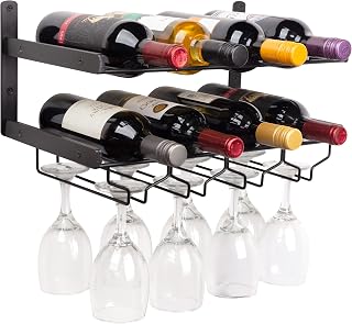 Industrial Wine Rack Wall Mounted with Wine Glass Rack Horizontal Wine Bottle Glass Holder - Holds 8 x Glasses and 8 x Wine Bottles - Sturdy Carbon Steel Construction - 17 x 7.5 in