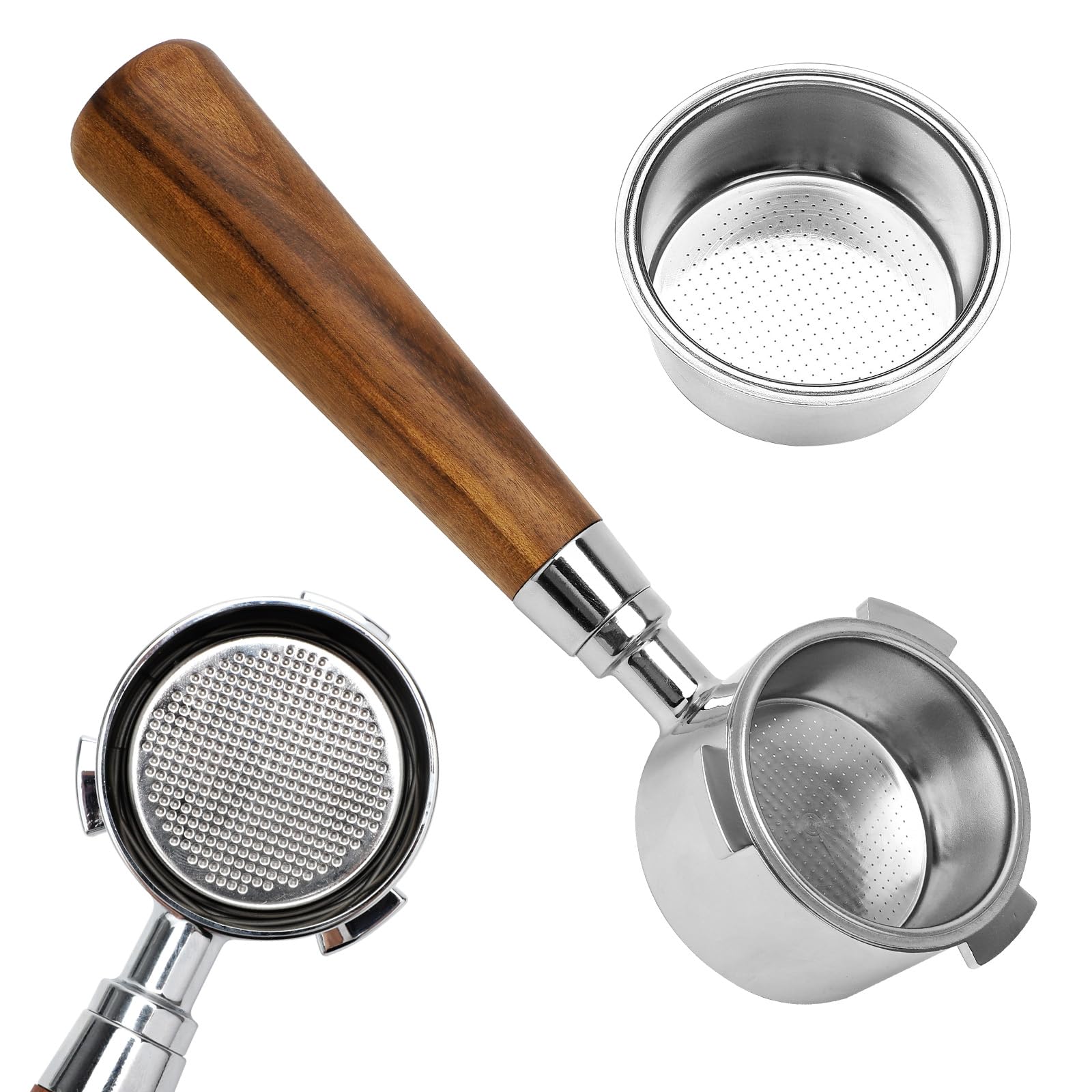 Bodenloser Siebträger 51mm für DeLonghi Dedica EC680/EC685/EC885 Espresso Kaffee Espressomaschinen, Kaffee Siebträger mit 3 Ohren, Holzgriff inkl. Edelstahl-Filterkorb (Farbe 2)