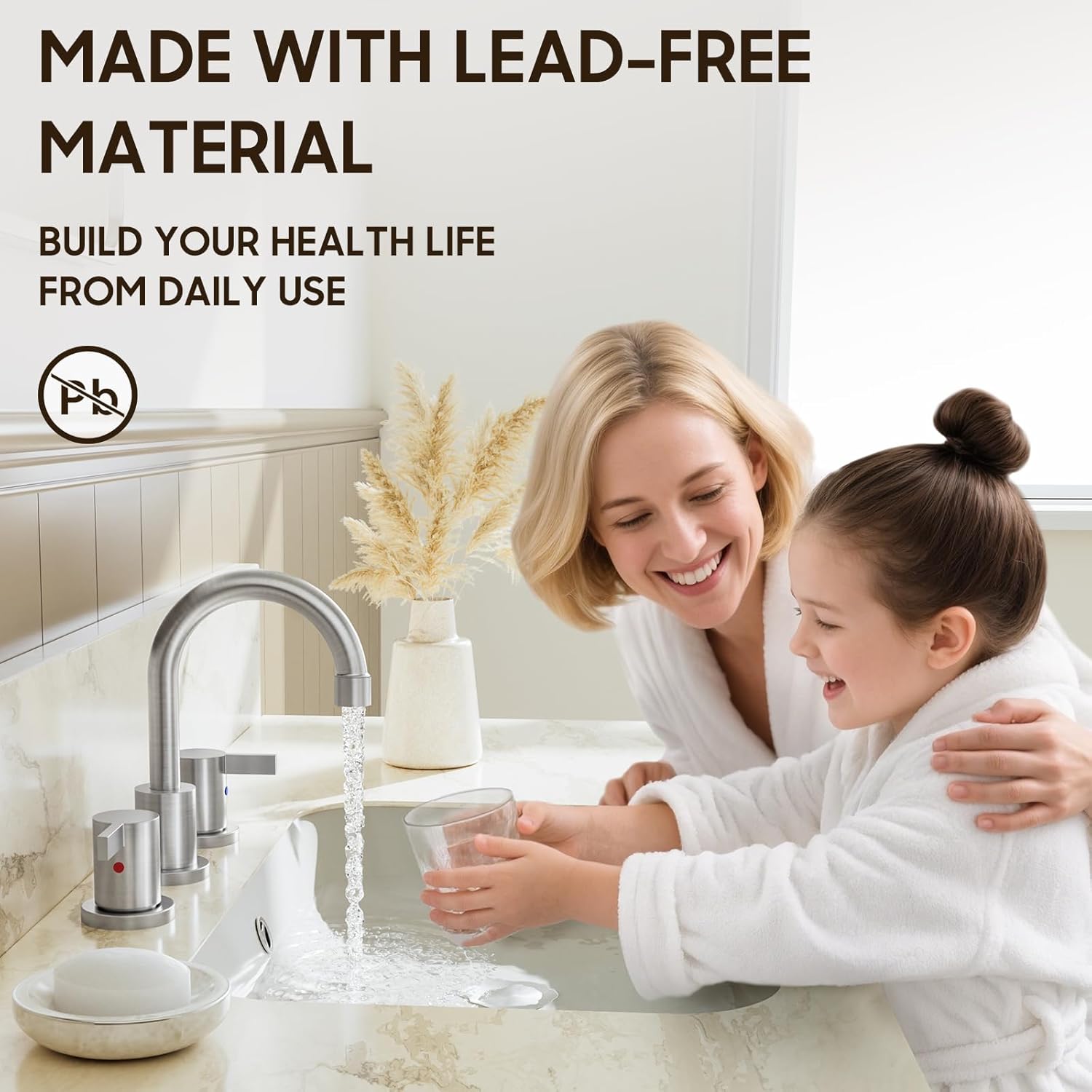 Widespread 8 Inch Lead-Free Brushed Nickel Stain-Resistant Bathroom Faucet(Stainless Steel), 2 Handle 3 Hole Swivel Spout RV Bathroom Vanity Sink Faucet with Metal Drain & Supply line, BF03042-K01-GBN - Image 3