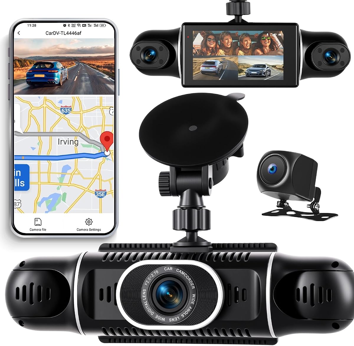 Cámara de salpicadero de 4 canales con vista de 360 ​​grados para automóviles, cámara de salpicadero de coche 2K delantera y trasera interior izquierda derecha, cámaras de salpicadero de 3" con GPS Wi-Fi y control de aplicaciones Visión nocturna, grabación en bucle Sensor G, modo de estacionamiento 24 horas