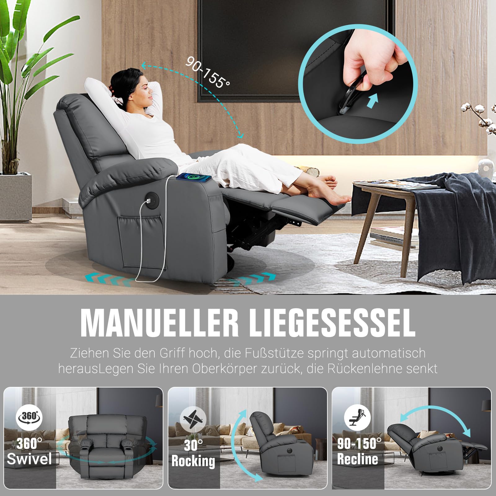 Schaukelstuhl mit Relaxfunktion, Massagesessel mit Vibration und Wärme, USB- und Type-C-Anschlüsse, 360° Drehbar, Kunstleder, Wohnzimmer, Schlafzimmer, Kinderzimmer, Wohnmobil, Dunkelgrau