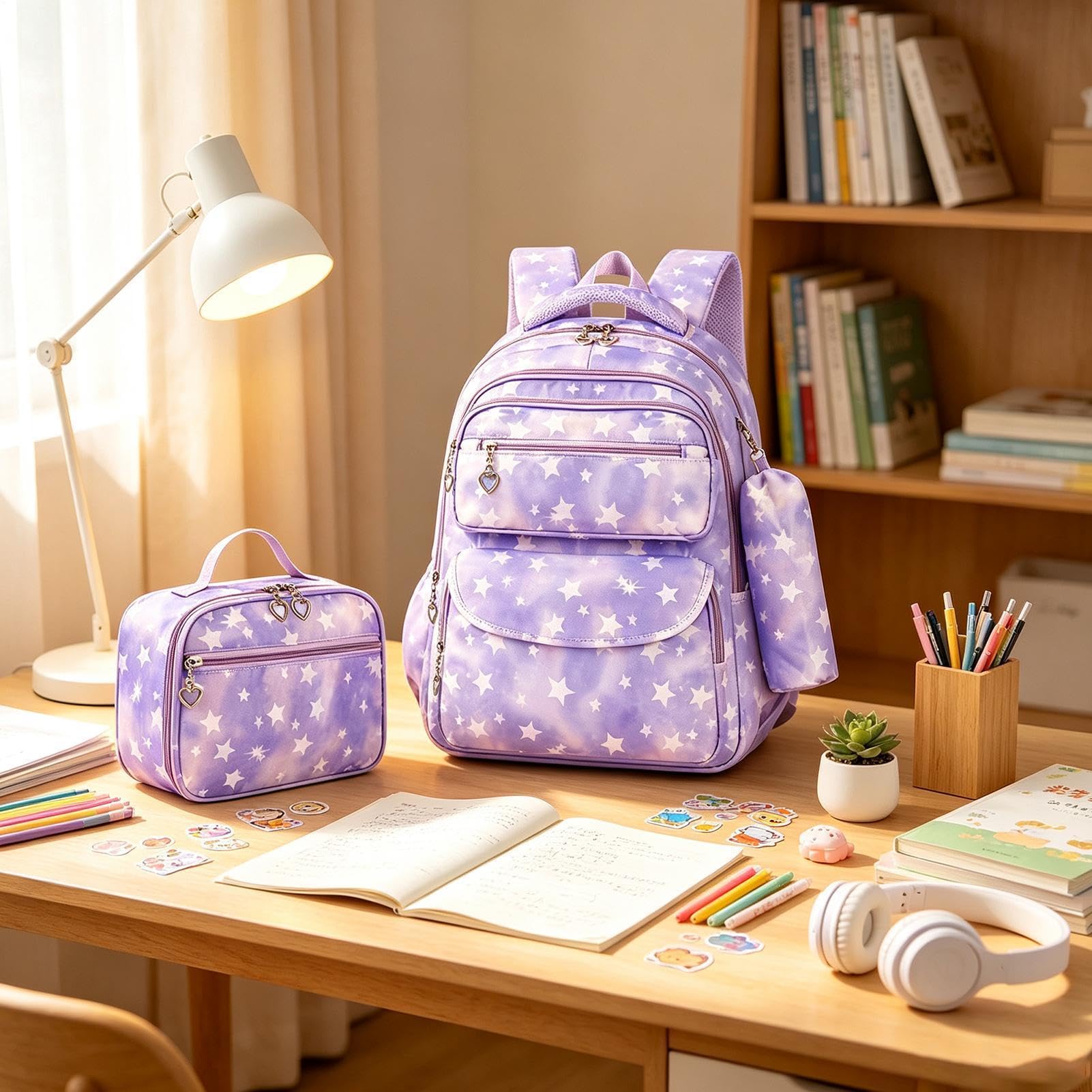 Zaino per la scuola da ragazza, ergonomico, impermeabile, grande borsa per il pranzo con, , Vedere descrizione, Vedi descrizione | Zaino per la scuola come borsa per il trasporto, per scuola media, scuola elementare, asilo, portapranzo, portafoglio