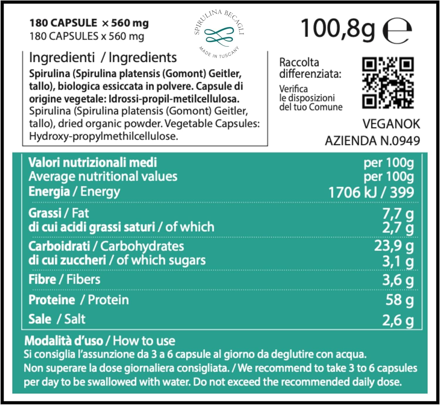 Spirulina Biologica in Capsule – Integratore Alimentare 100% Vegetale – Coltivata in Toscana – Fonte Naturale di Proteine e Vitamine – BECAGLI (180 Capsule)