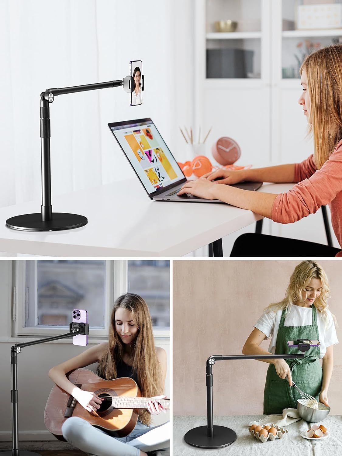 elitehood Handyhalterung Tisch zum Filmen mit Robuste Basis, Höhenverstellbar Overhead Stativ Handy Ständer zum Filmen, 38cm Langer Arm Handyhalterung Schreibtisch für iPhone 15 14 13, Android Handy