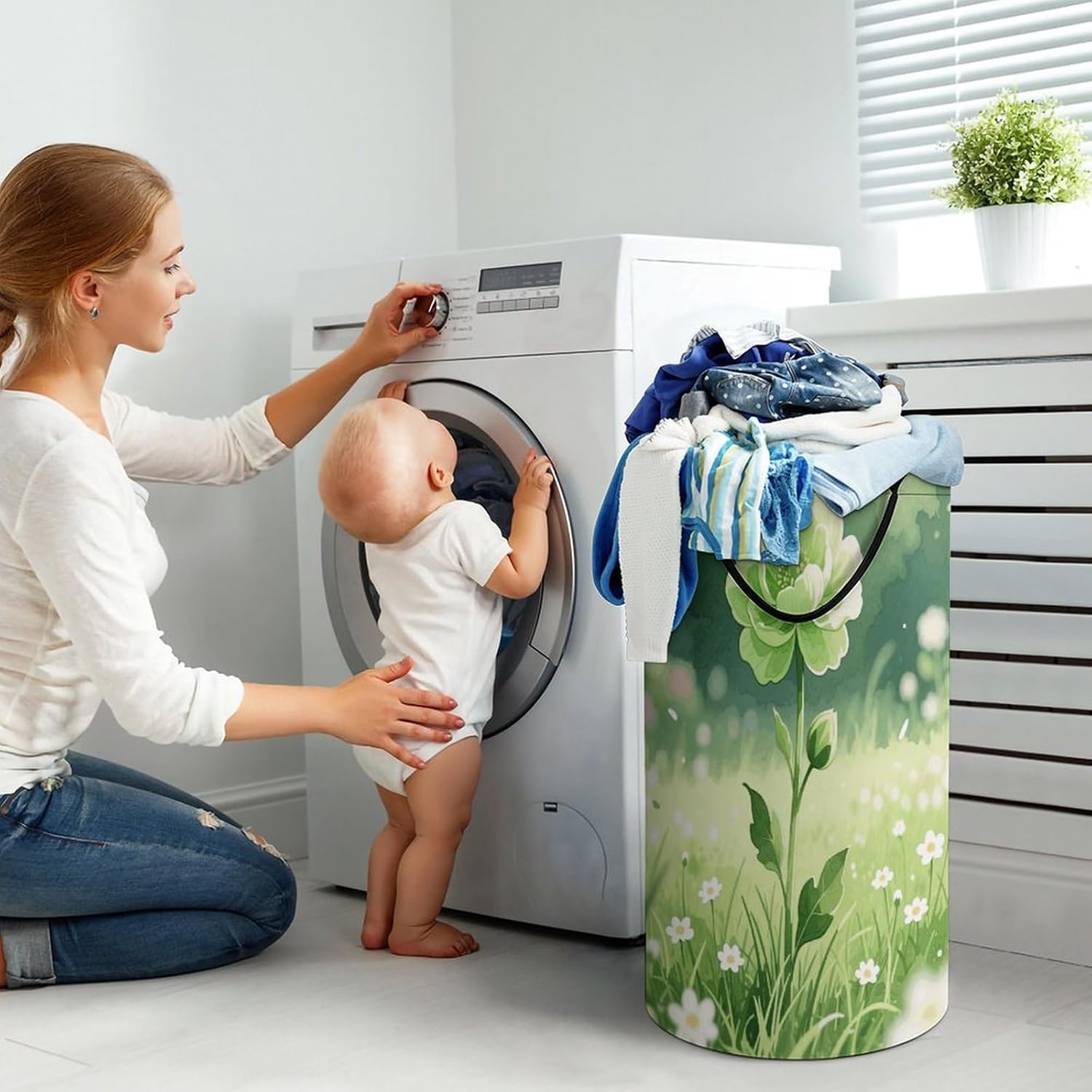 Green Flower Laundry Hamper with Handles Waterproof Collapsible Laundry Basket Large Lightweight Round Dirty Clothes Hamper for Home Dorm Bathroom Decor