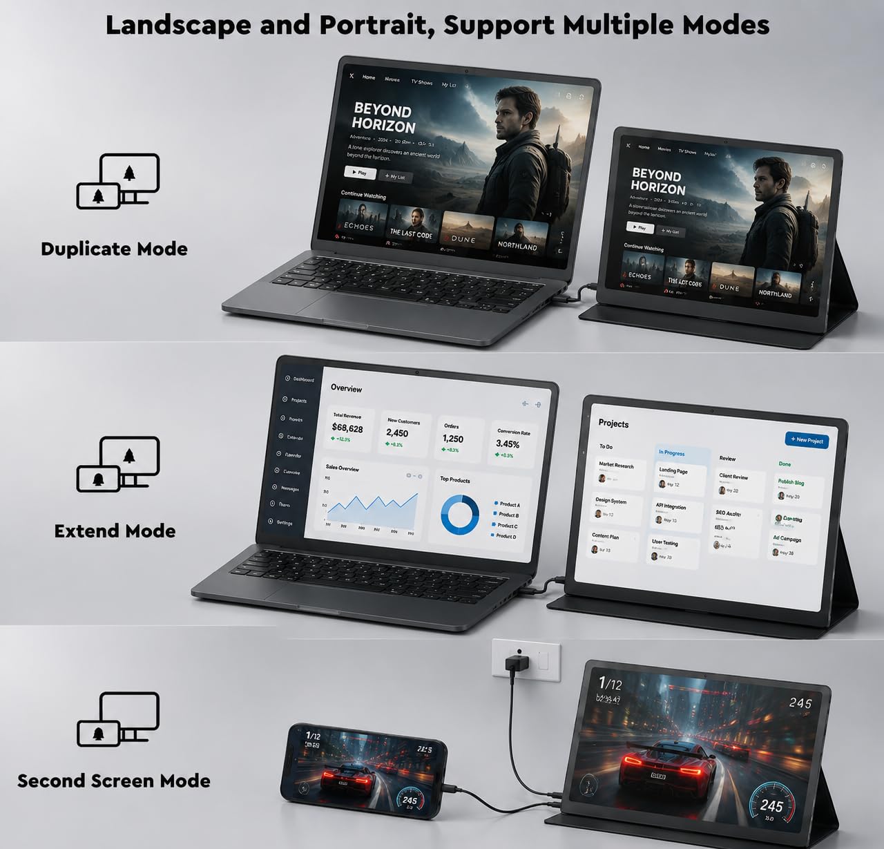HONGO 15,6 Zoll Tragbarer Monitor, 1080P FHD IPS Bildschirm-Erweiterung mit Tischklemme & Lautsprechern, USB-C HDMI Plug & Play für Laptop, Handy, Spielkonsolen