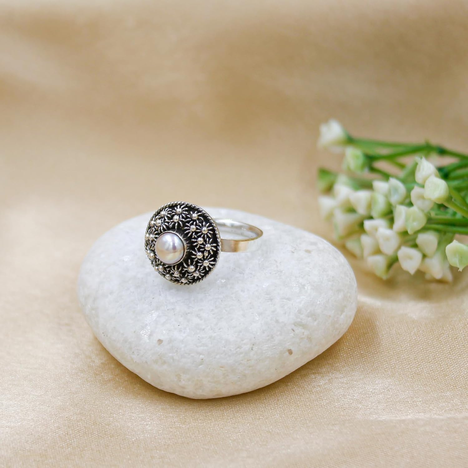 Pearl Gemstone 925 Sterling Silver Adjustable Handmade Ring for Women Unique Ethnic Tribal Designer Fashion Modern Party Oxidized Jewelry June Birthstone