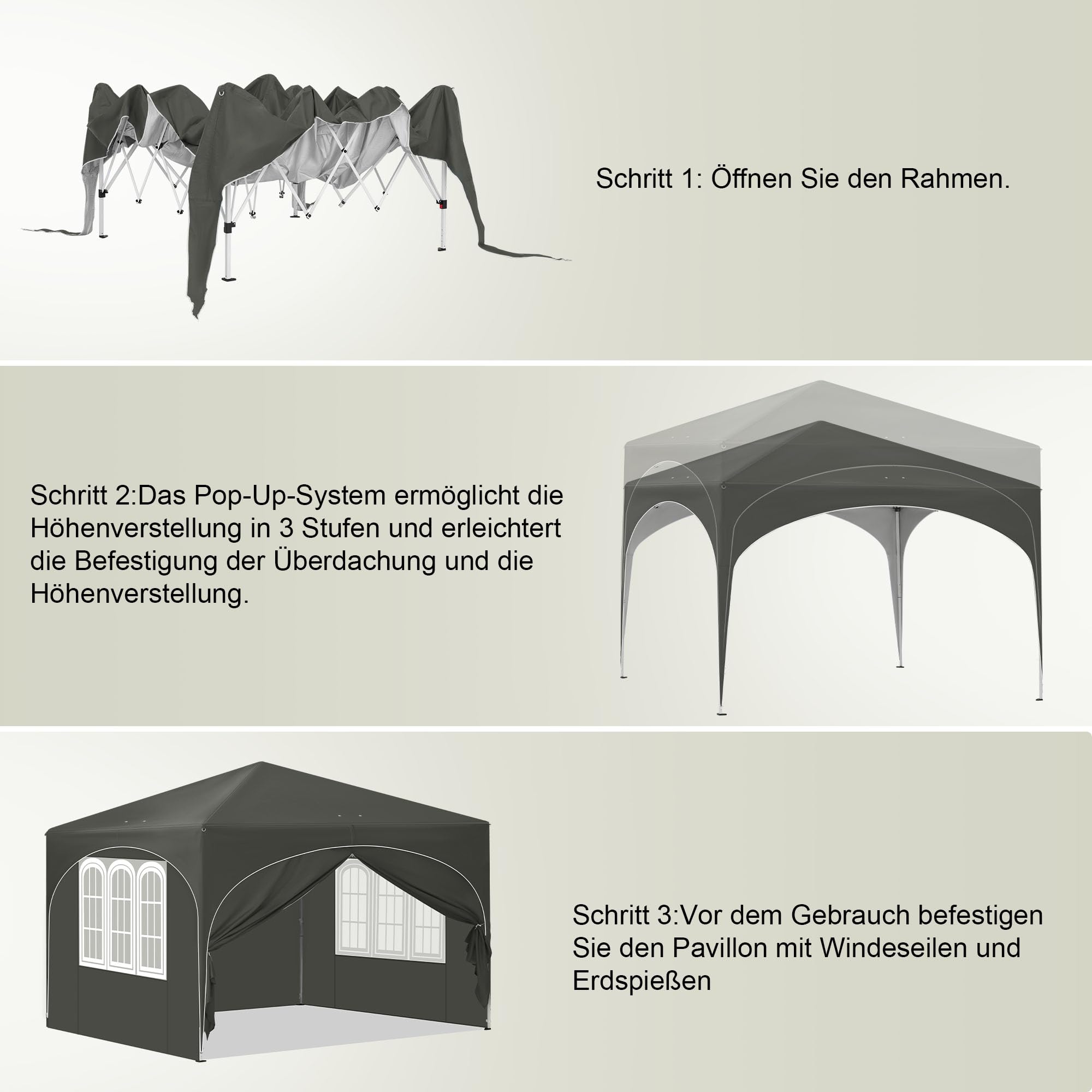 Laneetal Pop-Up Faltpavillon wasserfest Winterfest, Pavillon 3x3 m faltbar, Grillpavillon stabil, Gartenpavillon mit Seitenwänden Fenstern Tasche, für Camping Strand Garten, Grau