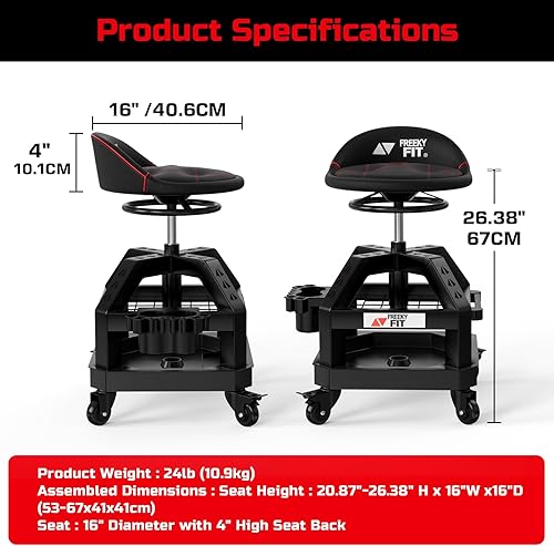 Miniatura 8 de Rolling Shop Taburete para garaje con ruedas, DO02 - Asiento giratorio de 360° de altura ajustable con almacenamiento de bandeja de herramientas
