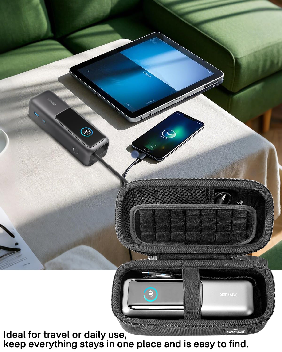 RAIACE Twarde etui kompatybilne z powerbankiem Anker 25 000 mAh, z kieszenią z siatki na kable i akcesoria. (dostępne tylko etui) – czarne