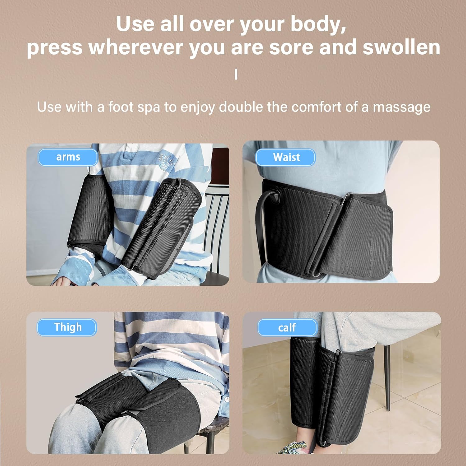 Illustrations showing the versatility of the TODO massager, demonstrating its use on arms, waist, thighs, and calves, indicating it can be used for full body relief.