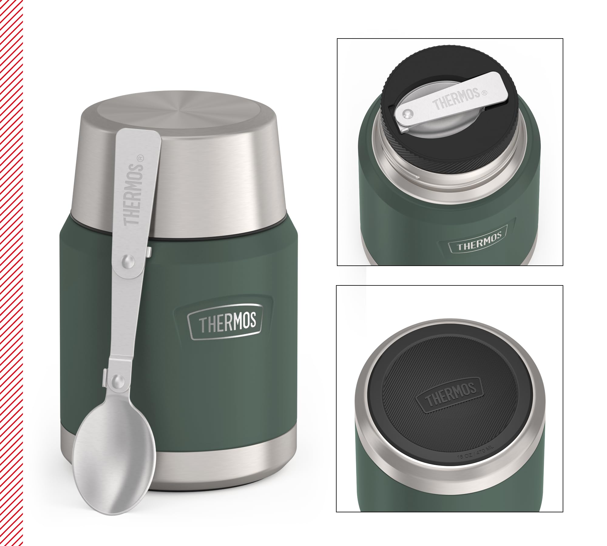 Thermos Icon Food Jar Pot alimentaire en acier inoxydable 18/8 à double paroi Vert mat/forêt avec cuillère pliable et fond antidérapant 0,47 l