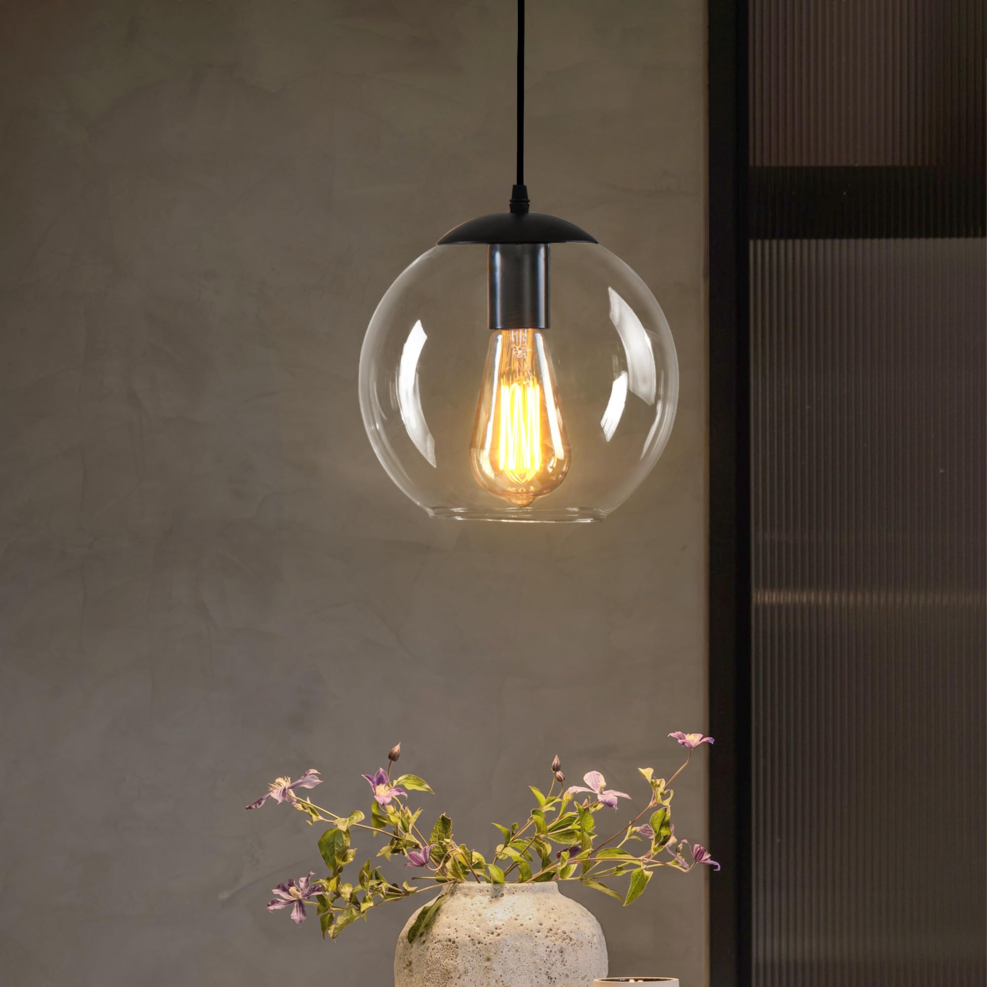 1 lights globe pendant light, modern hanging lighting fixture, matte black classic cluster chandelier with clear glass shades for kitchen island dining room